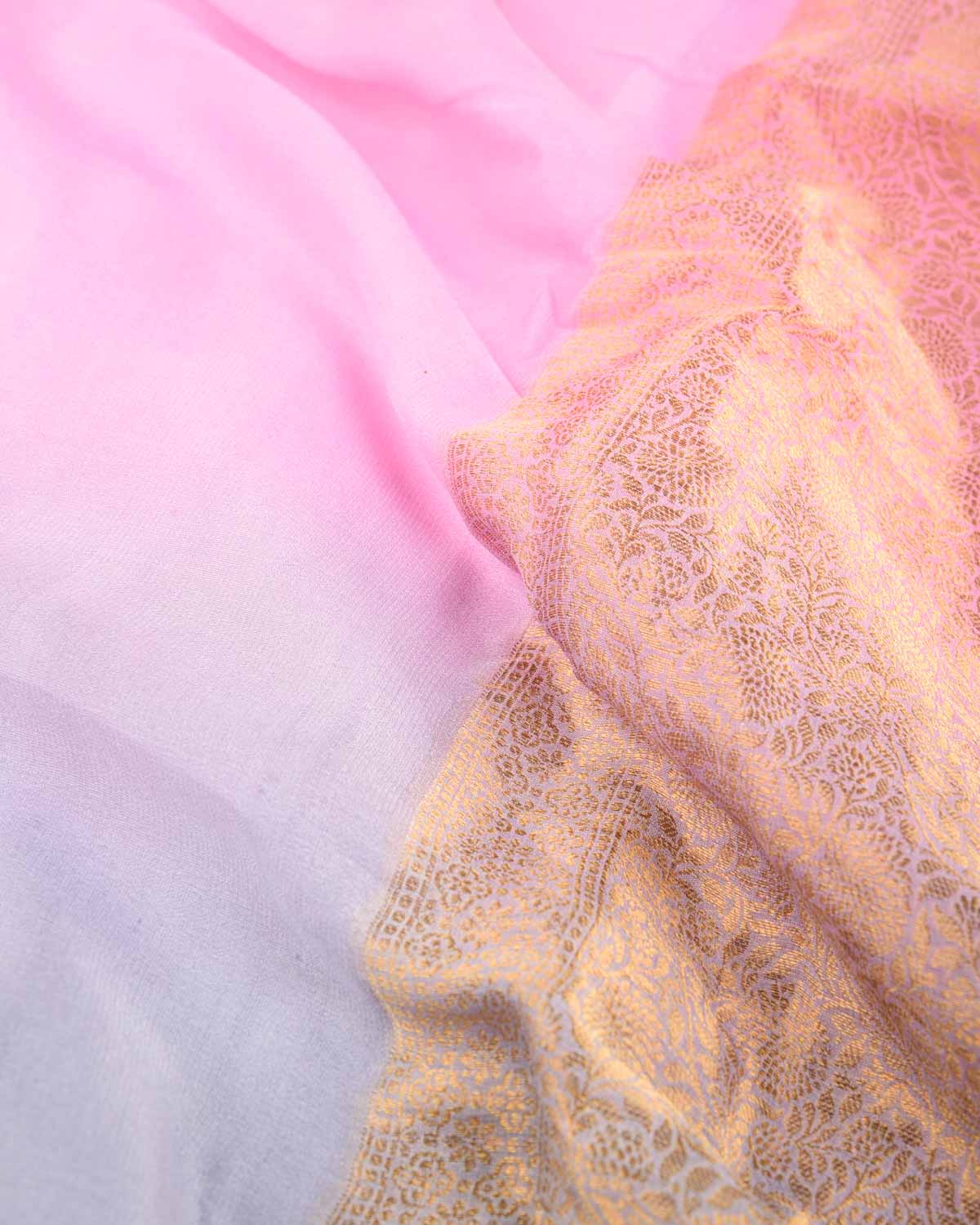 Ombre Pink Gray Gold Zari Border Pallu Brocade Woven Khaddi Georgette Banarasi Saree-HolyWeaves