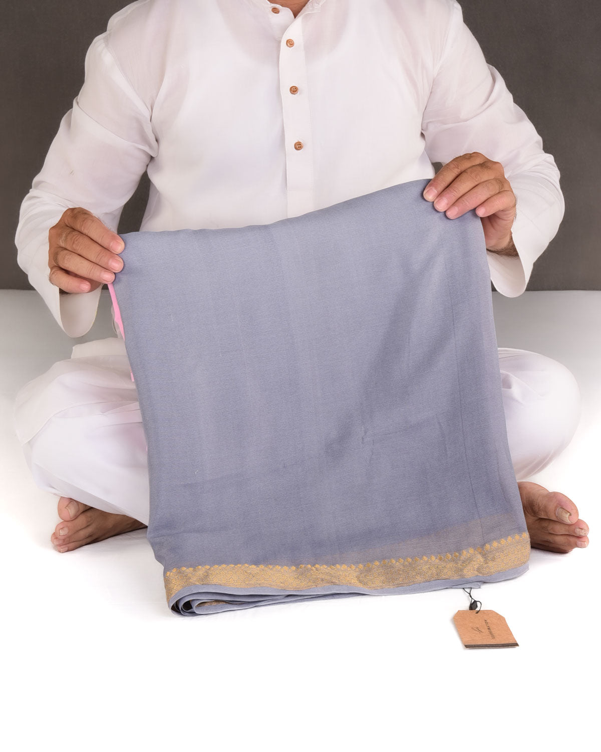 Ombre Pink Gray Gold Zari Border Pallu Brocade Woven Khaddi Georgette Banarasi Saree-HolyWeaves