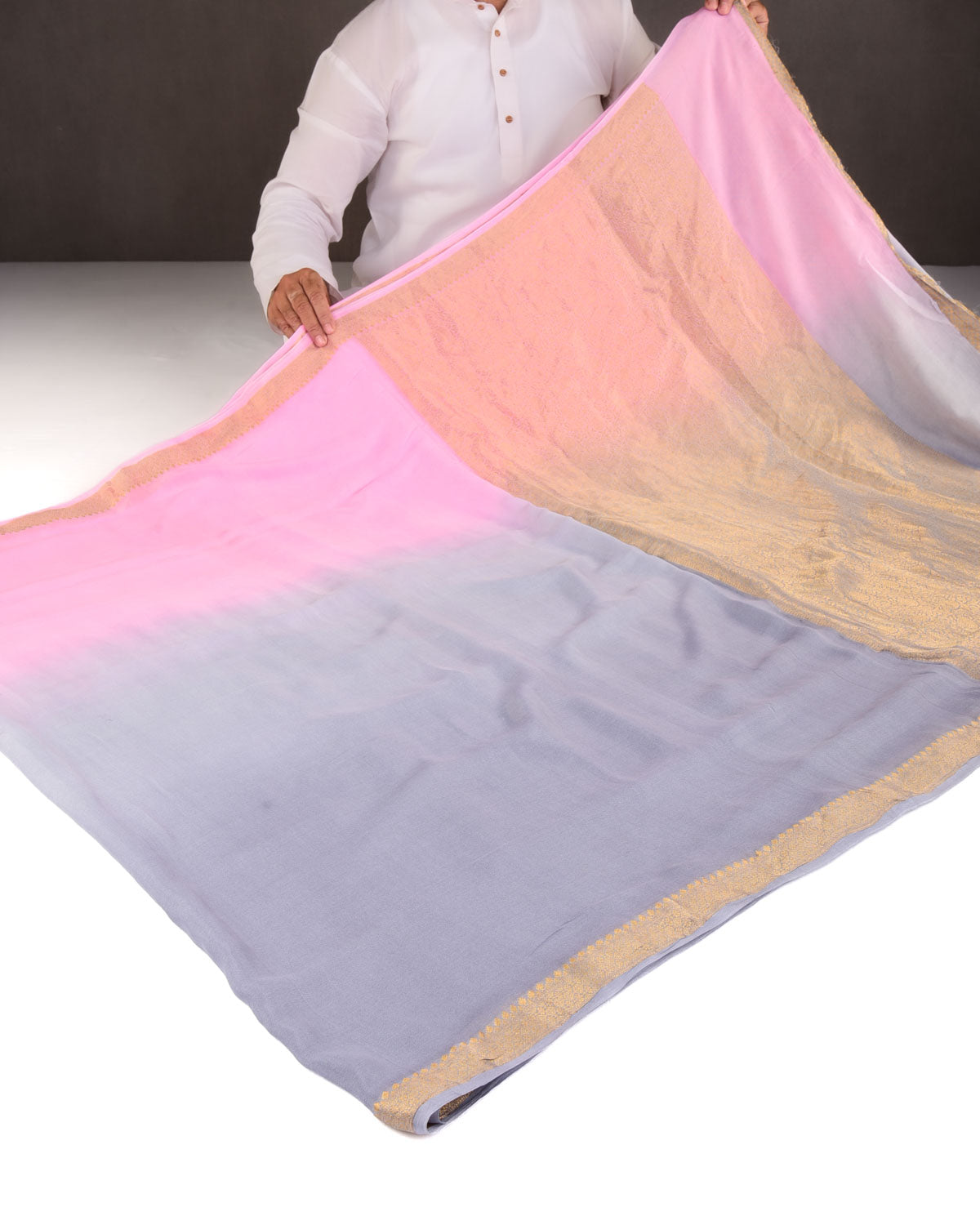 Ombre Pink Gray Gold Zari Border Pallu Brocade Woven Khaddi Georgette Banarasi Saree-HolyWeaves