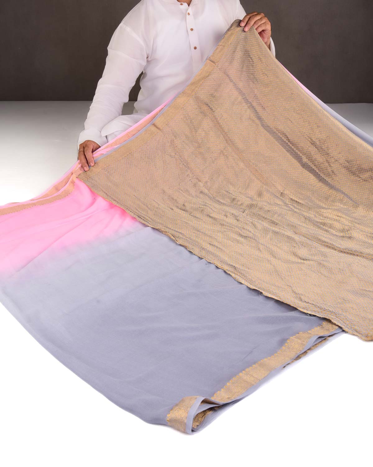Ombre Pink Gray Gold Zari Border Pallu Brocade Woven Khaddi Georgette Banarasi Saree-HolyWeaves