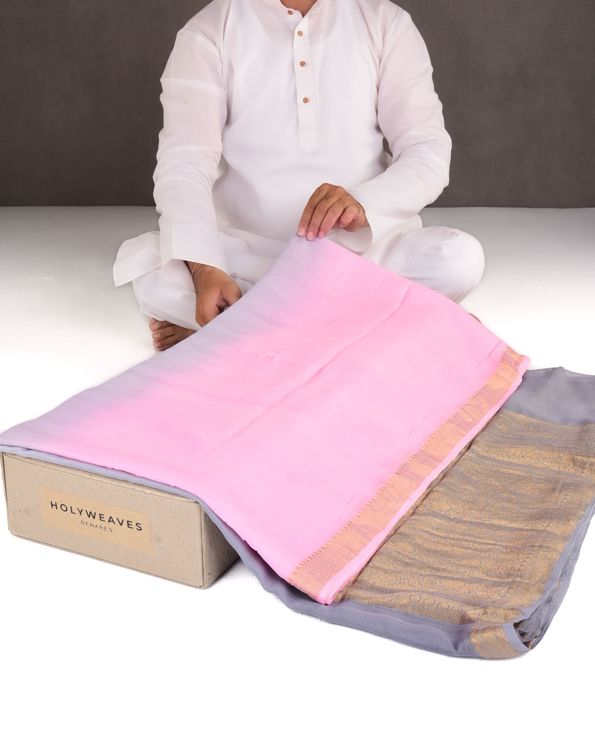 Ombre Pink Gray Gold Zari Border Pallu Brocade Woven Khaddi Georgette Banarasi Saree-HolyWeaves