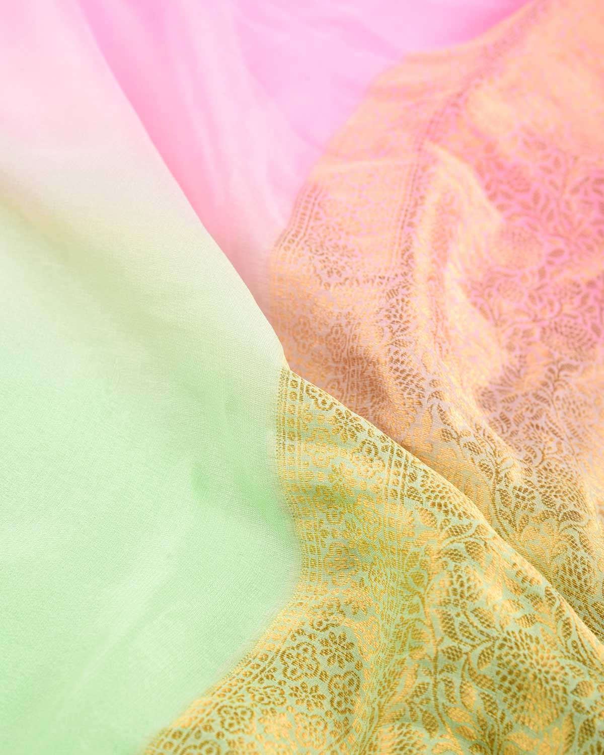 Ombre Pink Green Gold Zari Border Pallu Brocade Woven Khaddi Georgette Banarasi Saree-HolyWeaves