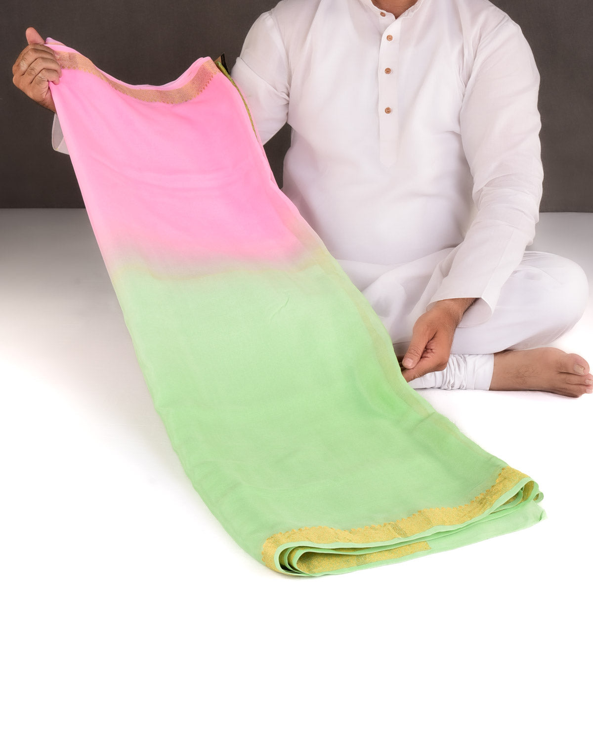Ombre Pink Green Gold Zari Border Pallu Brocade Woven Khaddi Georgette Banarasi Saree-HolyWeaves