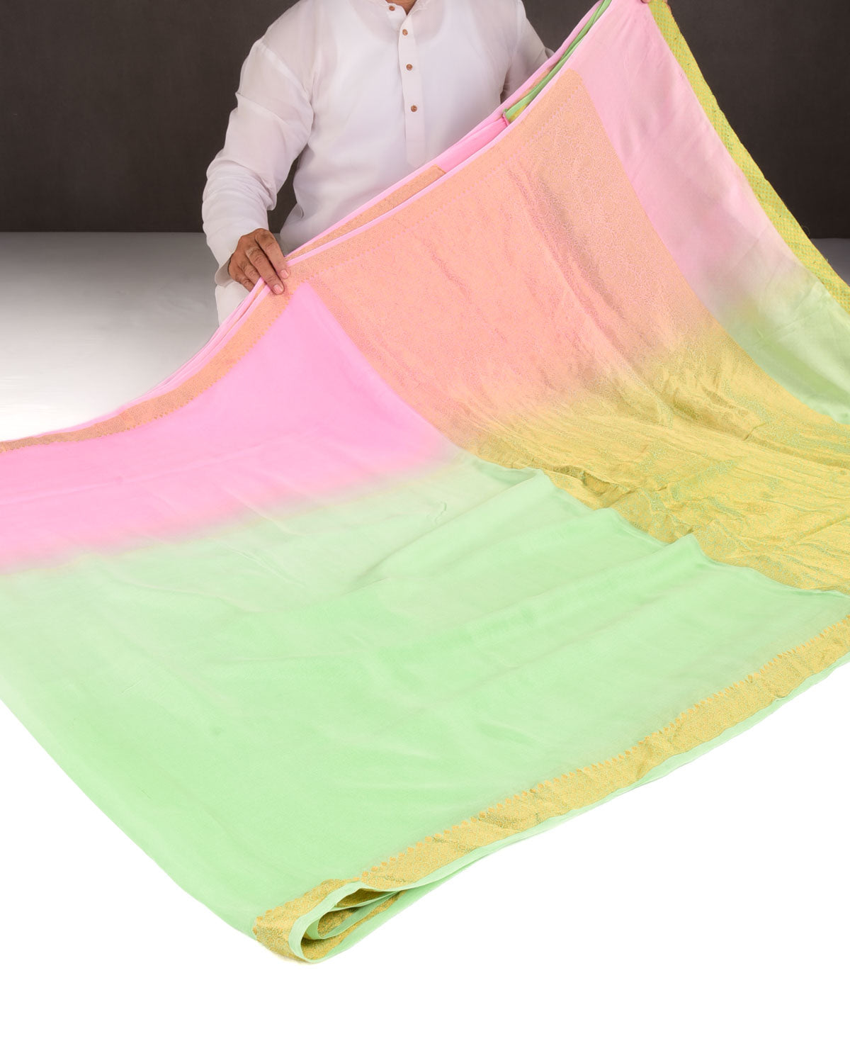 Ombre Pink Green Gold Zari Border Pallu Brocade Woven Khaddi Georgette Banarasi Saree-HolyWeaves