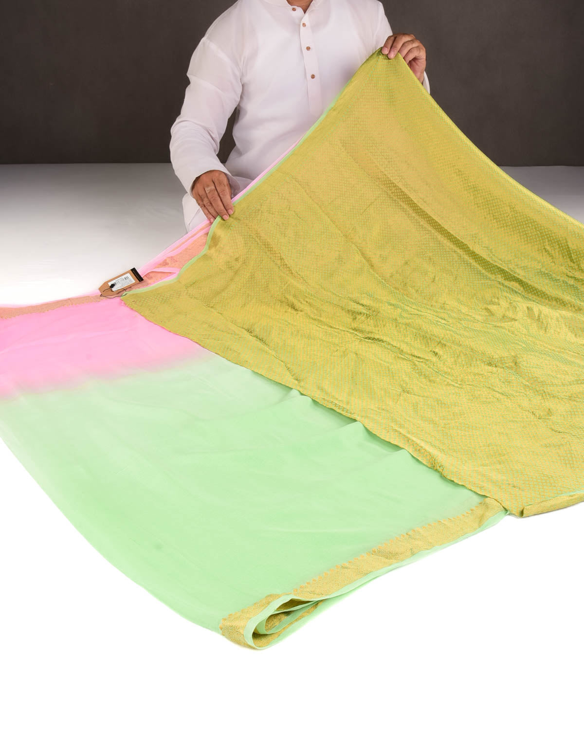 Ombre Pink Green Gold Zari Border Pallu Brocade Woven Khaddi Georgette Banarasi Saree-HolyWeaves