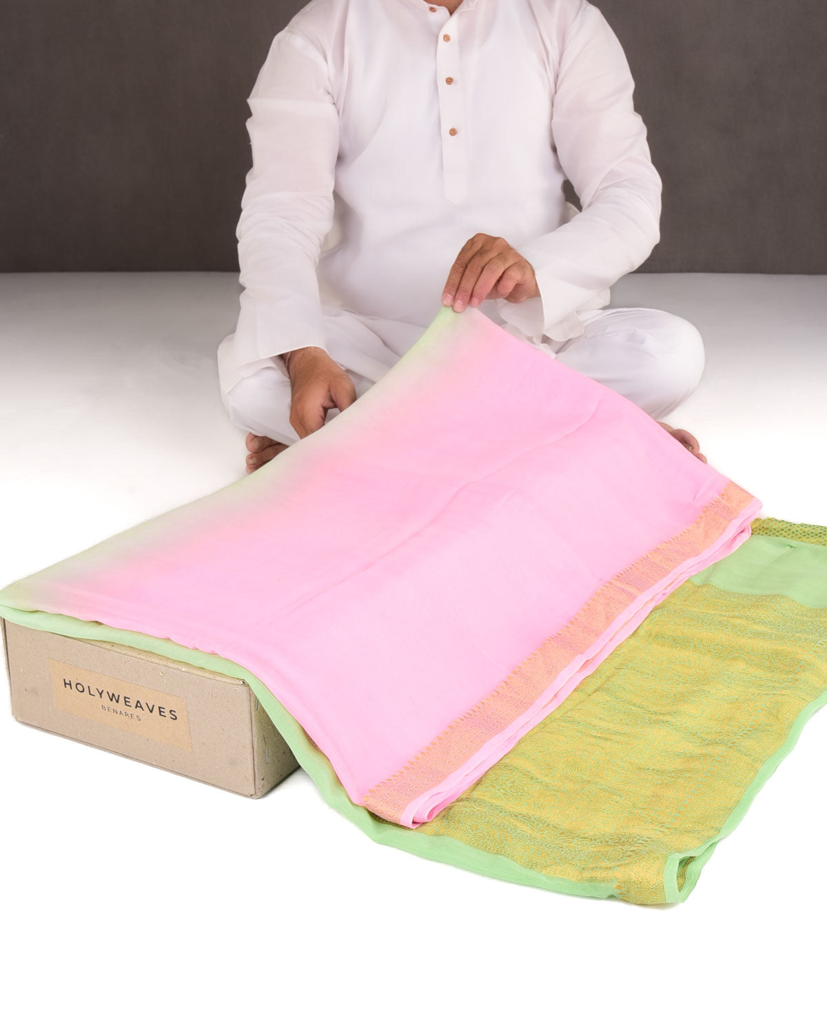 Ombre Pink Green Gold Zari Border Pallu Brocade Woven Khaddi Georgette Banarasi Saree-HolyWeaves