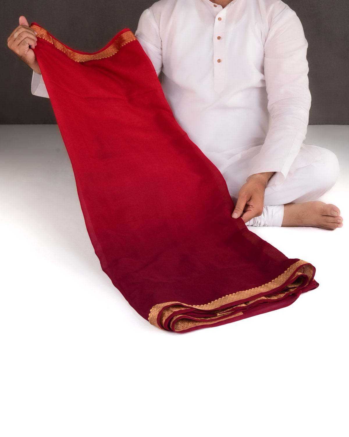 Ombre Maroon Gold Zari Border Pallu Brocade Woven Khaddi Georgette Banarasi Saree-HolyWeaves