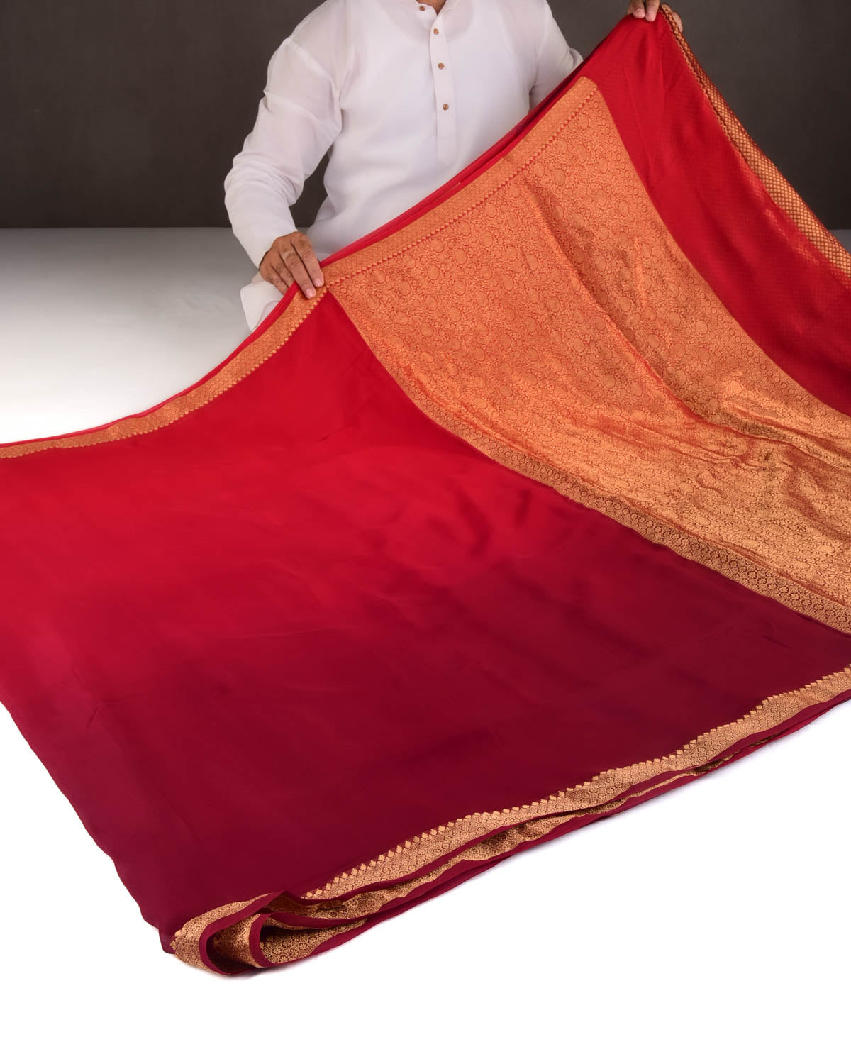Ombre Maroon Gold Zari Border Pallu Brocade Woven Khaddi Georgette Banarasi Saree-HolyWeaves