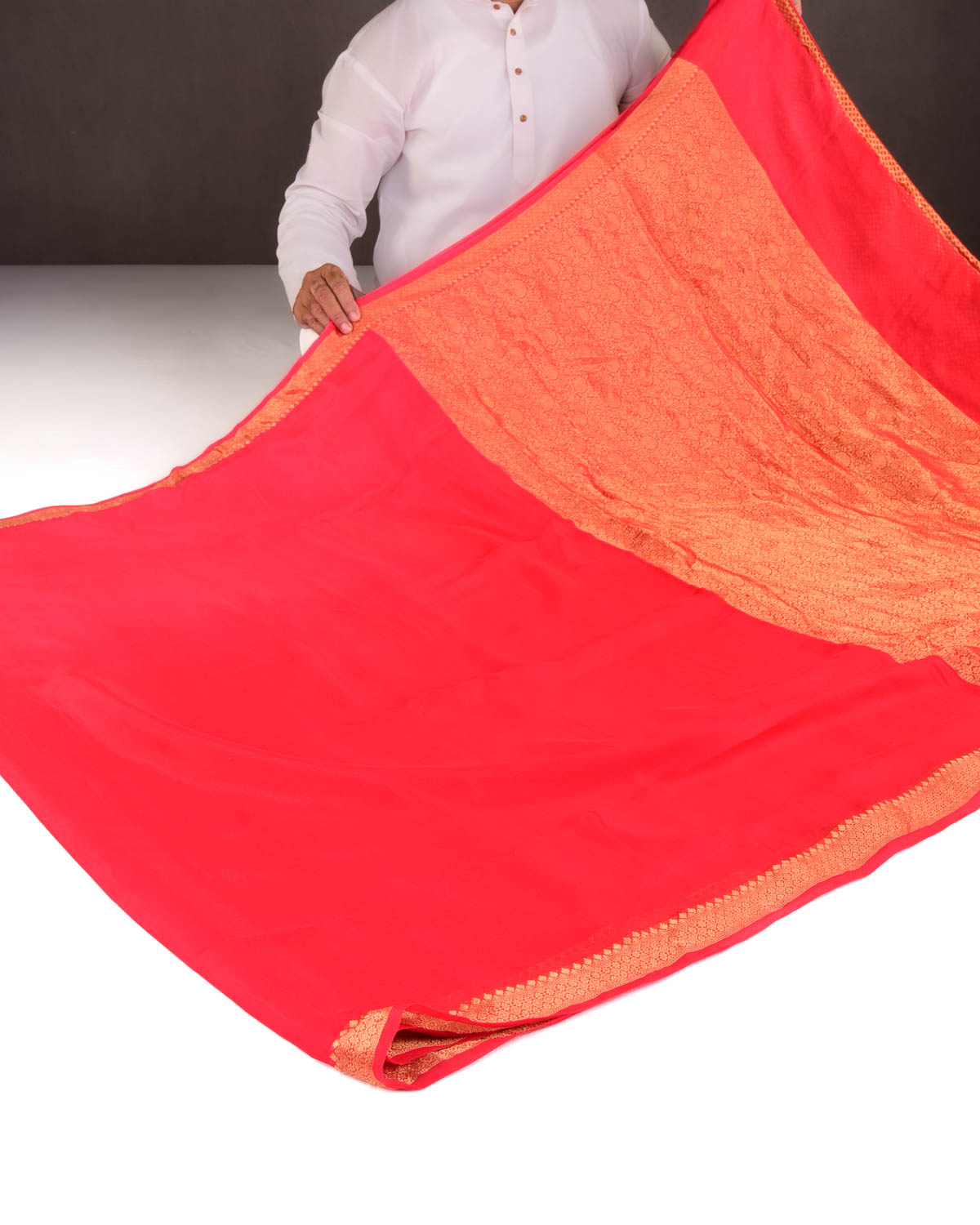Ombre Red Gold Zari Border Pallu Brocade Woven Khaddi Georgette Banarasi Saree-HolyWeaves