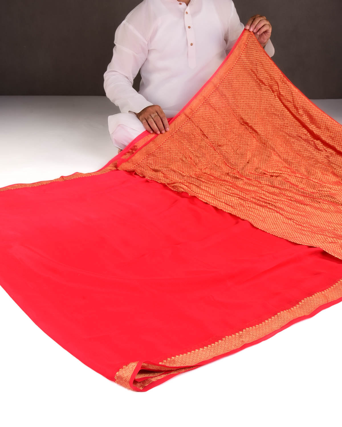 Ombre Red Gold Zari Border Pallu Brocade Woven Khaddi Georgette Banarasi Saree-HolyWeaves