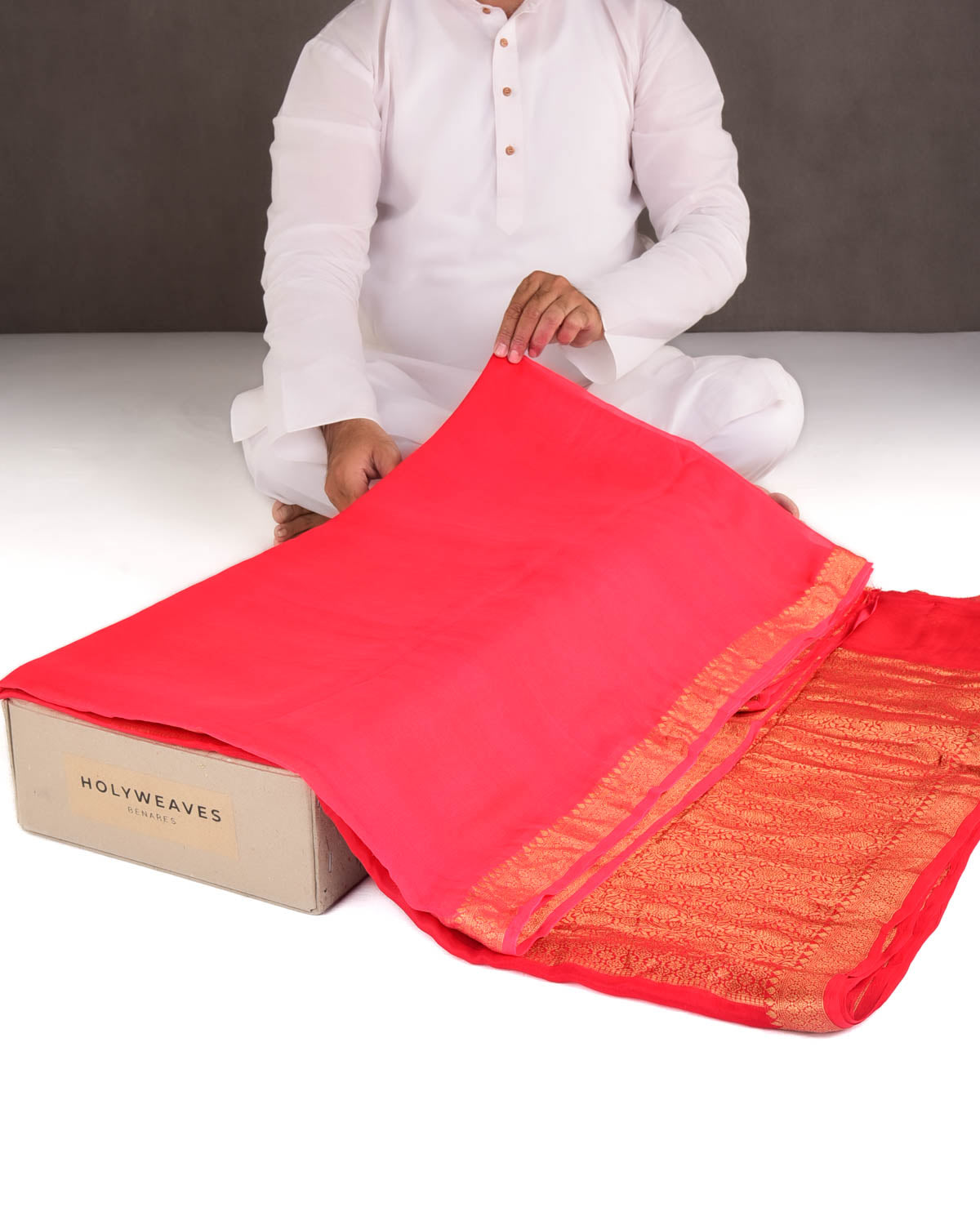 Ombre Red Gold Zari Border Pallu Brocade Woven Khaddi Georgette Banarasi Saree-HolyWeaves