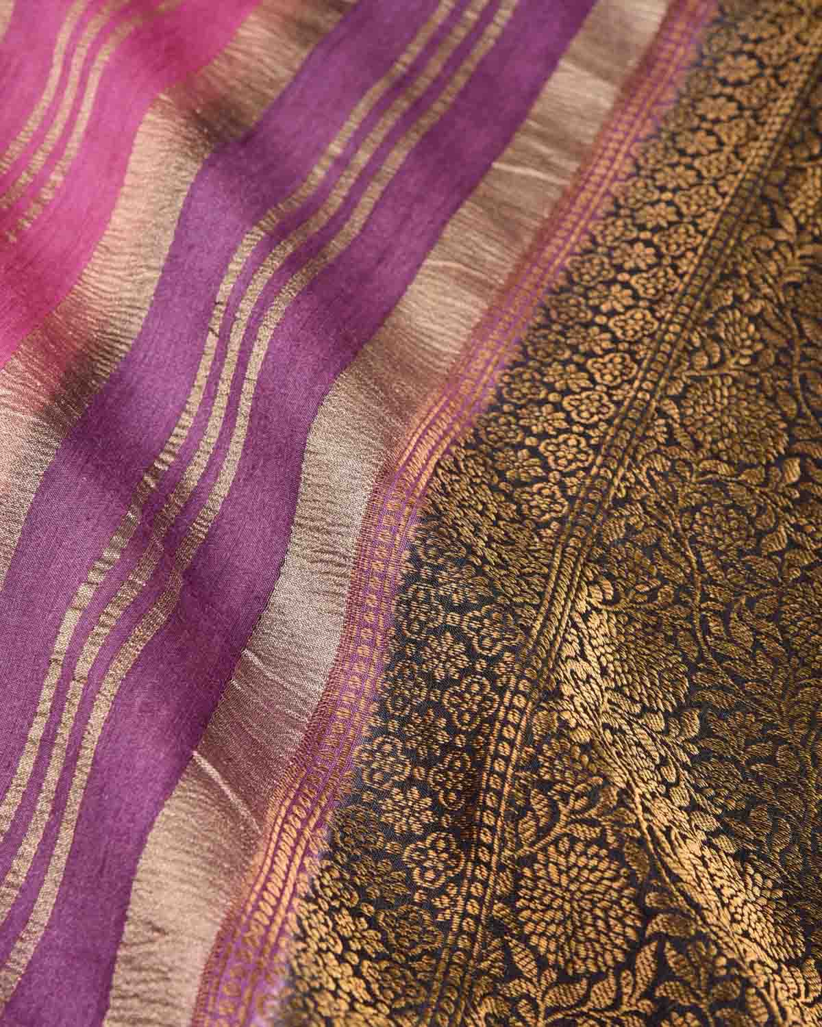 Raavn Multi-color Gold Zari Stripes Brocade Woven Muga Silk Banarasi Saree-HolyWeaves