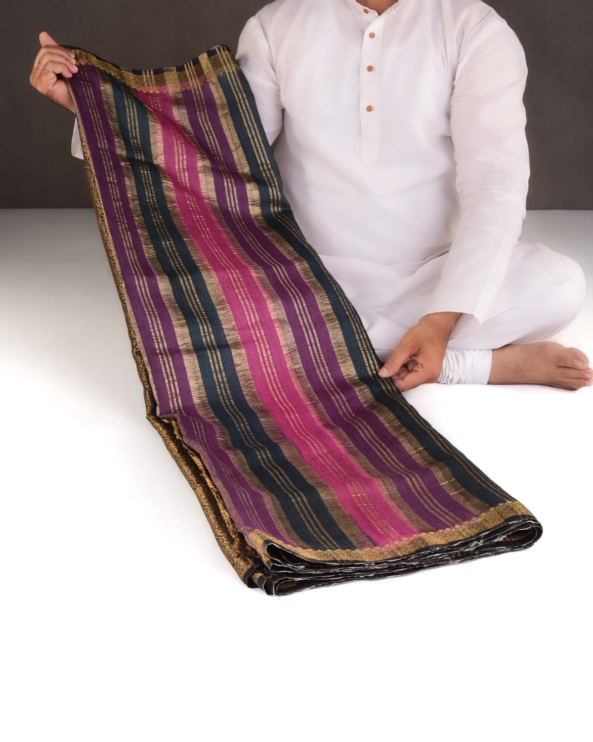 Raavn Multi-color Gold Zari Stripes Brocade Woven Muga Silk Banarasi Saree-HolyWeaves