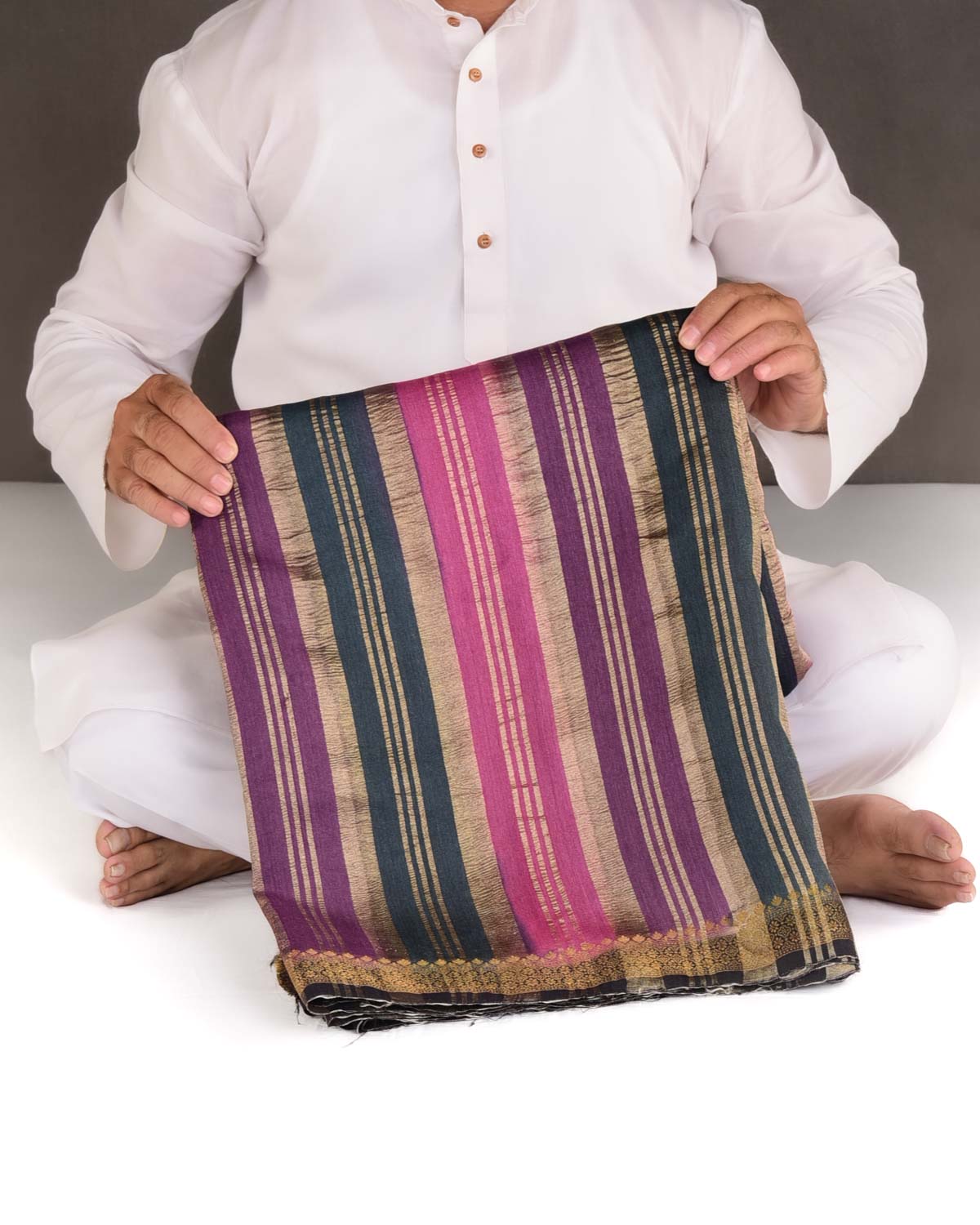 Raavn Multi-color Gold Zari Stripes Brocade Woven Muga Silk Banarasi Saree-HolyWeaves