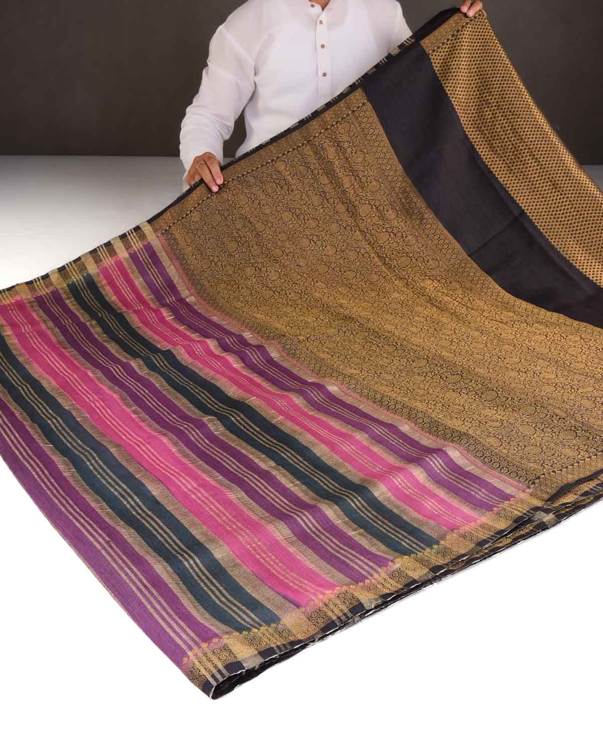 Raavn Multi-color Gold Zari Stripes Brocade Woven Muga Silk Banarasi Saree-HolyWeaves