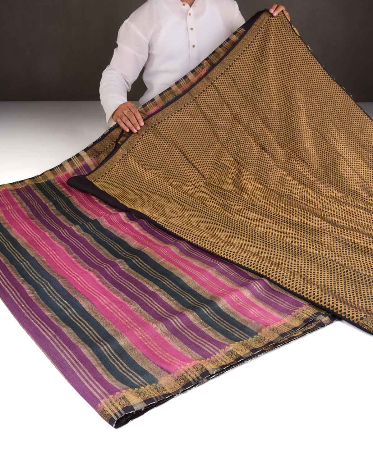 Raavn Multi-color Gold Zari Stripes Brocade Woven Muga Silk Banarasi Saree-HolyWeaves
