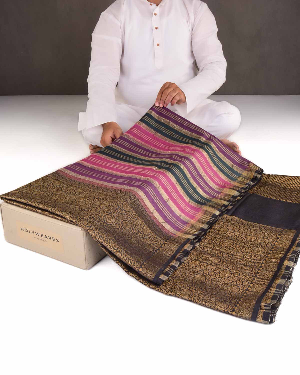 Raavn Multi-color Gold Zari Stripes Brocade Woven Muga Silk Banarasi Saree-HolyWeaves