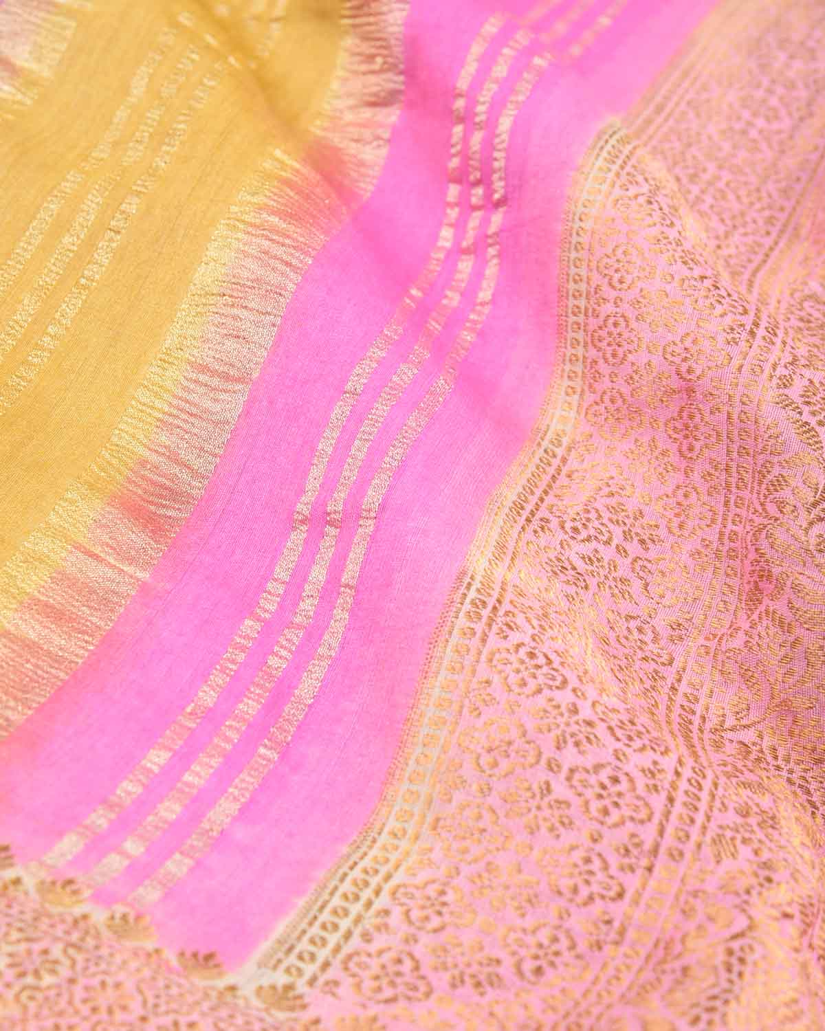 Poppins Multi-color Gold Zari Stripes Brocade Woven Muga Silk Banarasi Saree-HolyWeaves
