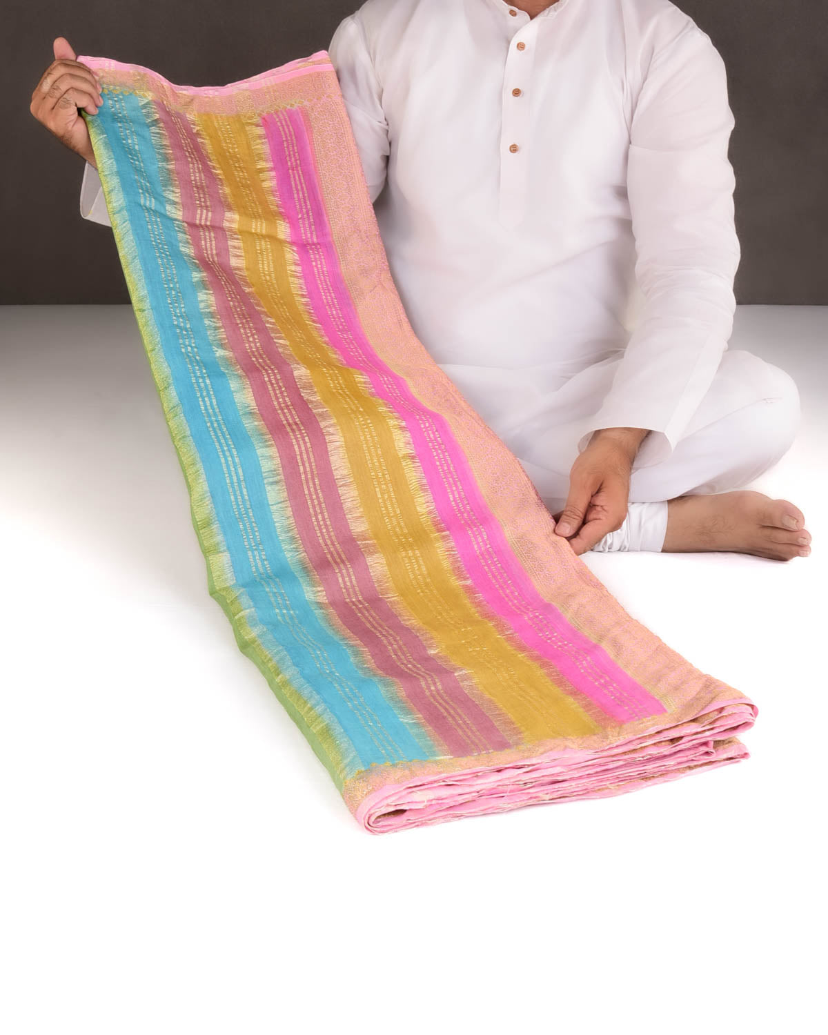 Poppins Multi-color Gold Zari Stripes Brocade Woven Muga Silk Banarasi Saree-HolyWeaves
