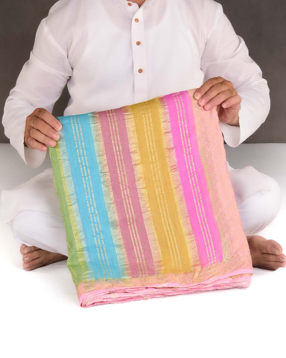 Poppins Multi-color Gold Zari Stripes Brocade Woven Muga Silk Banarasi Saree-HolyWeaves