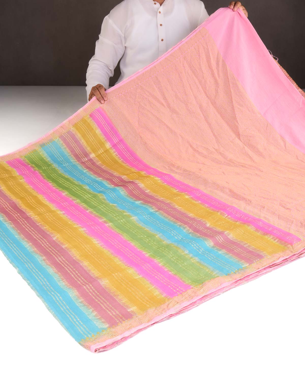 Poppins Multi-color Gold Zari Stripes Brocade Woven Muga Silk Banarasi Saree-HolyWeaves