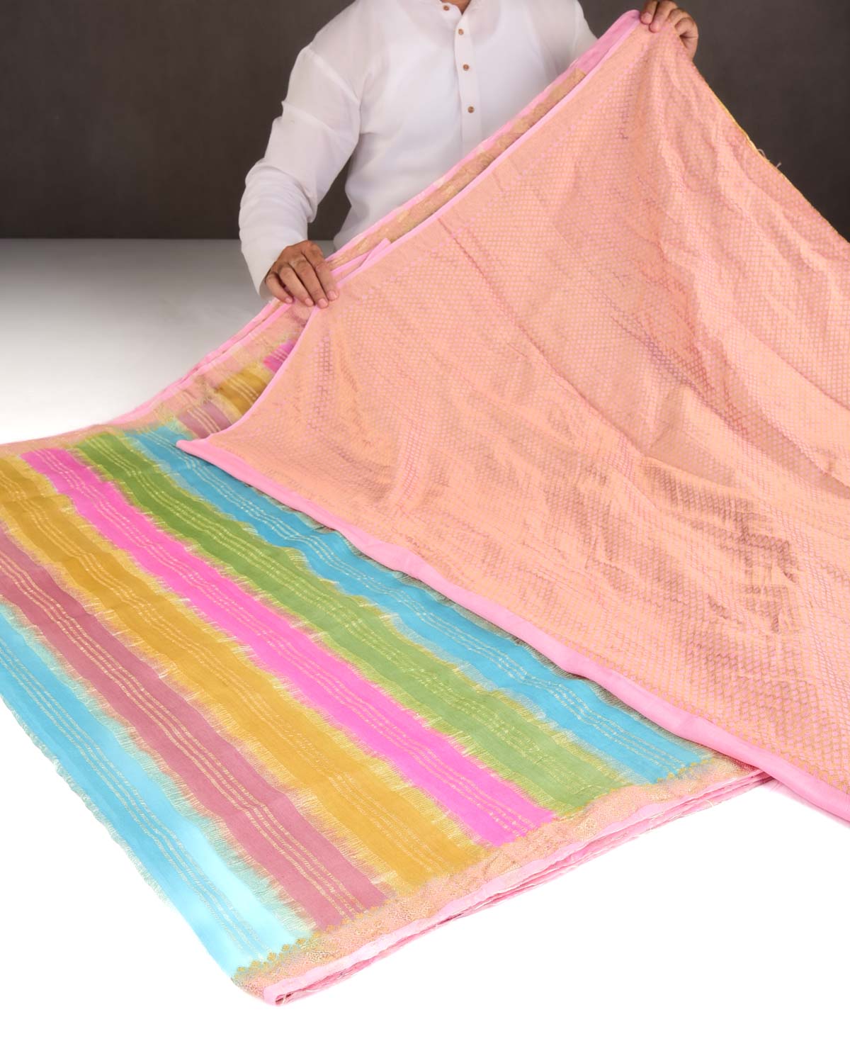 Poppins Multi-color Gold Zari Stripes Brocade Woven Muga Silk Banarasi Saree-HolyWeaves
