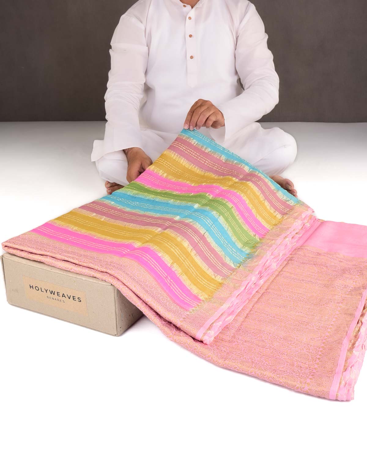 Poppins Multi-color Gold Zari Stripes Brocade Woven Muga Silk Banarasi Saree-HolyWeaves