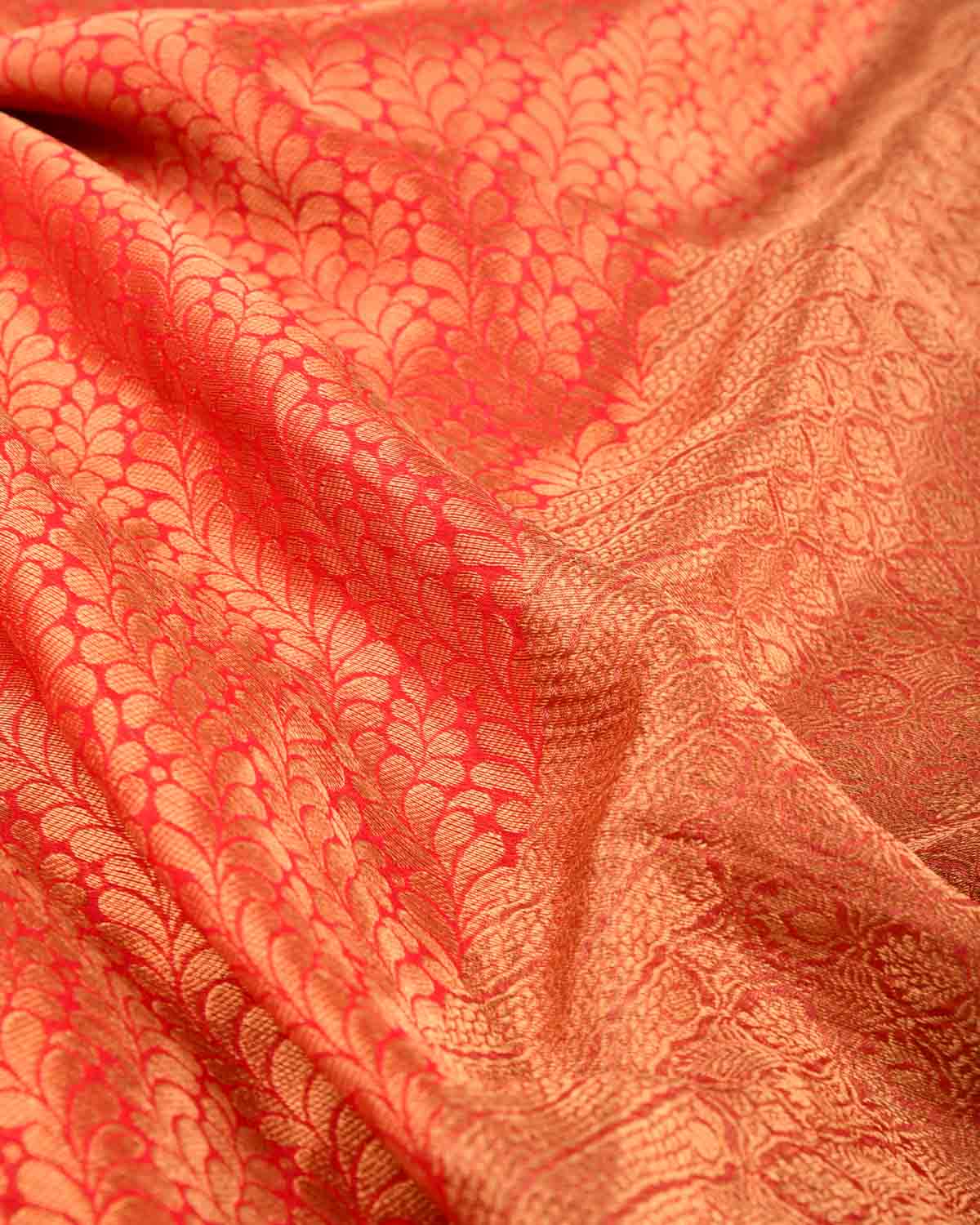 Ombre Pink-Red Gold Zari Leaves Jaal Brocade Woven Khaddi Georgette Banarasi Saree-HolyWeaves