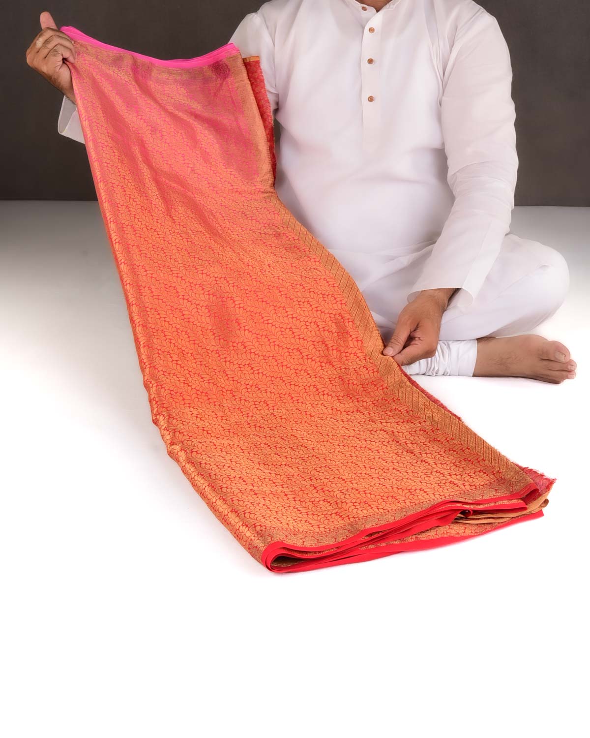 Ombre Pink-Red Gold Zari Leaves Jaal Brocade Woven Khaddi Georgette Banarasi Saree-HolyWeaves