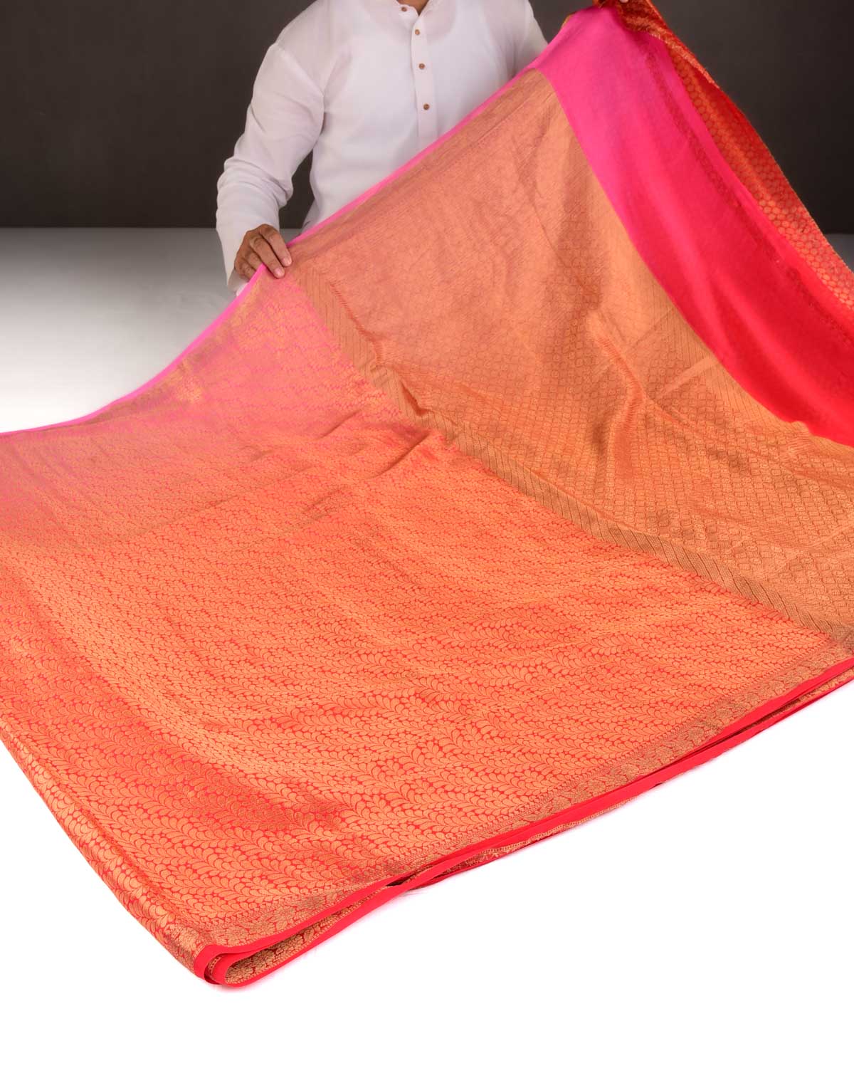 Ombre Pink-Red Gold Zari Leaves Jaal Brocade Woven Khaddi Georgette Banarasi Saree-HolyWeaves