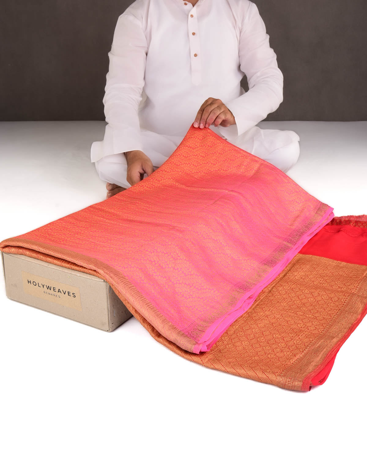Ombre Pink-Red Gold Zari Leaves Jaal Brocade Woven Khaddi Georgette Banarasi Saree-HolyWeaves