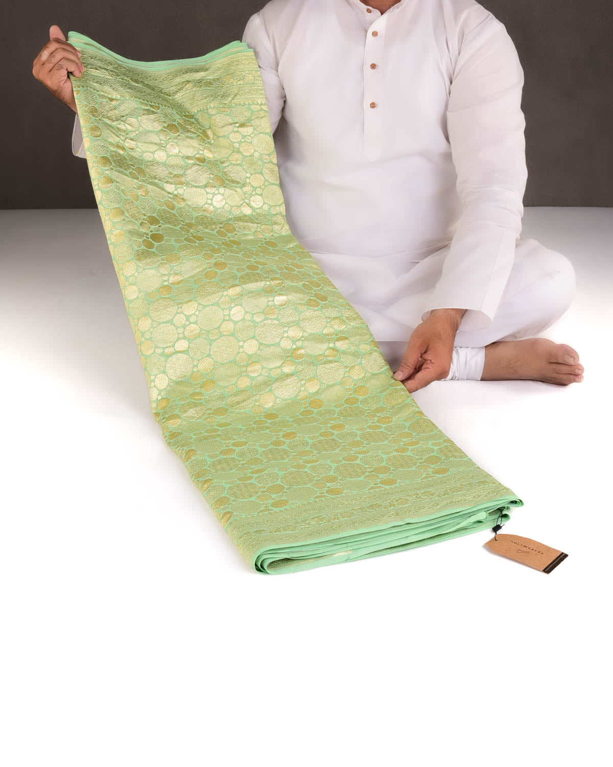 Sage Green Gold Zari Spheres Brocade Handwoven Khaddi Georgette Banarasi Saree-HolyWeaves