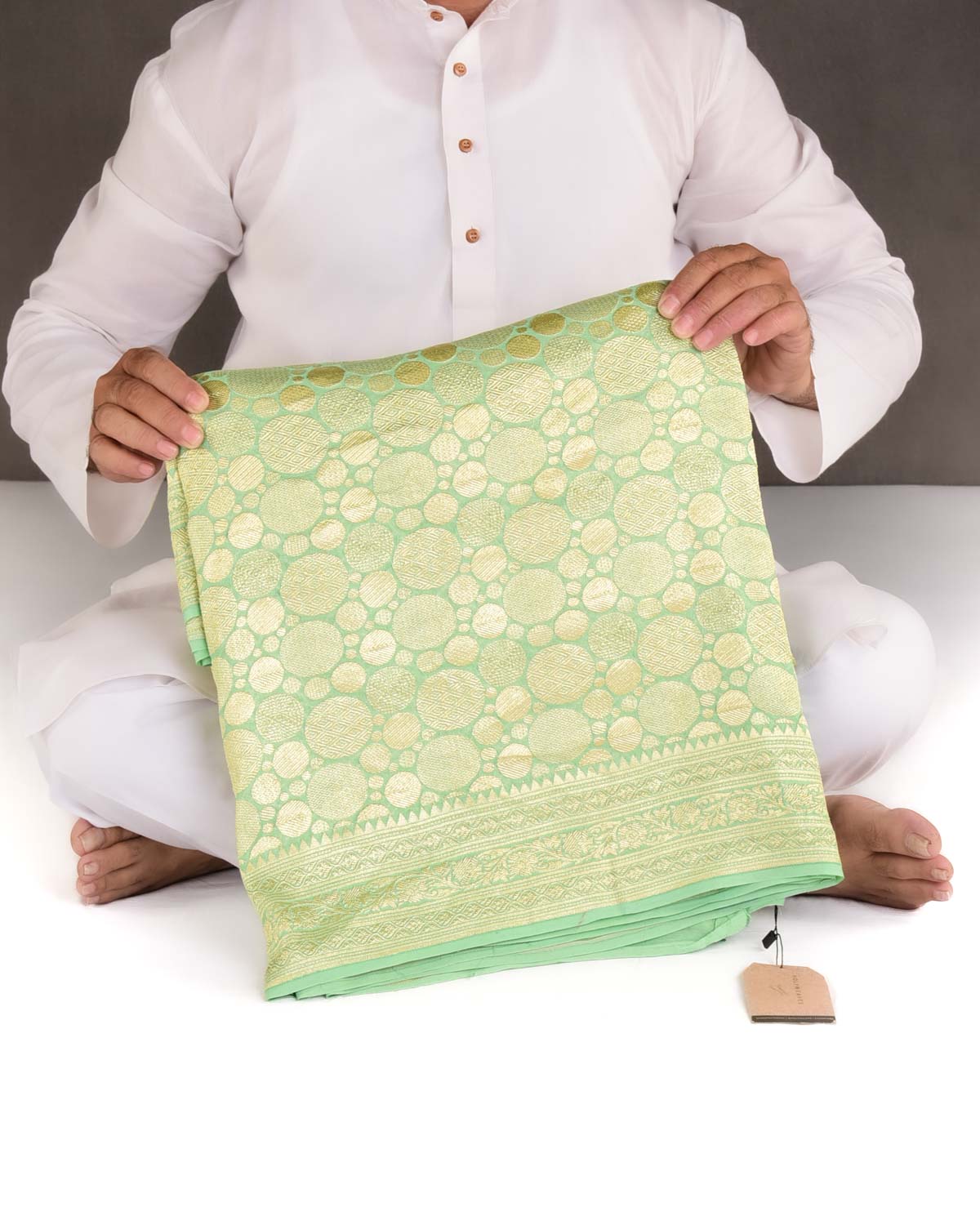 Sage Green Gold Zari Spheres Brocade Handwoven Khaddi Georgette Banarasi Saree-HolyWeaves