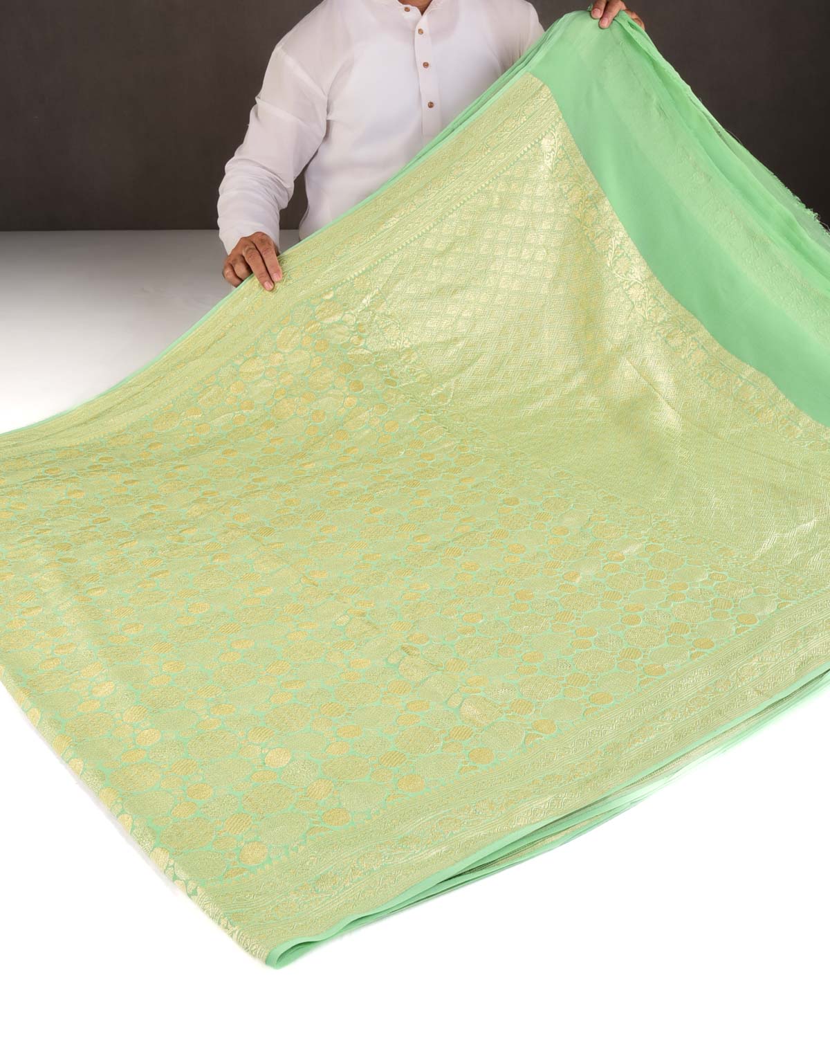 Sage Green Gold Zari Spheres Brocade Handwoven Khaddi Georgette Banarasi Saree-HolyWeaves