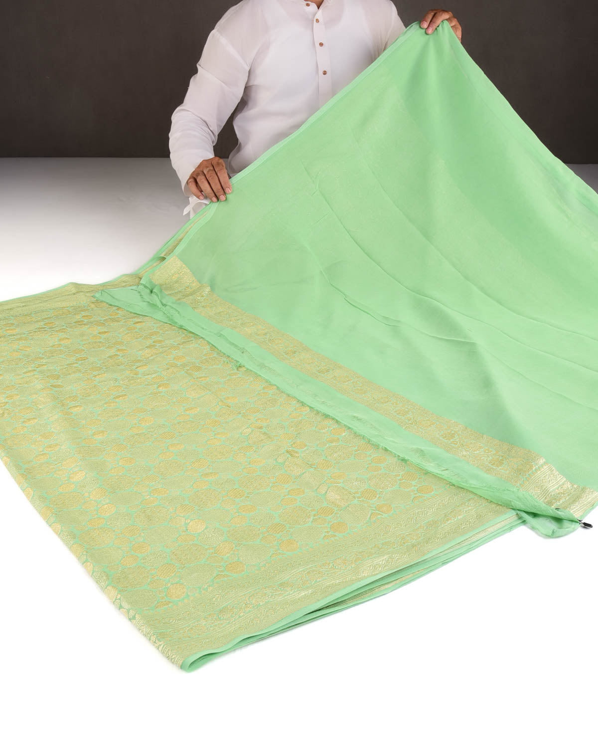 Sage Green Gold Zari Spheres Brocade Handwoven Khaddi Georgette Banarasi Saree-HolyWeaves