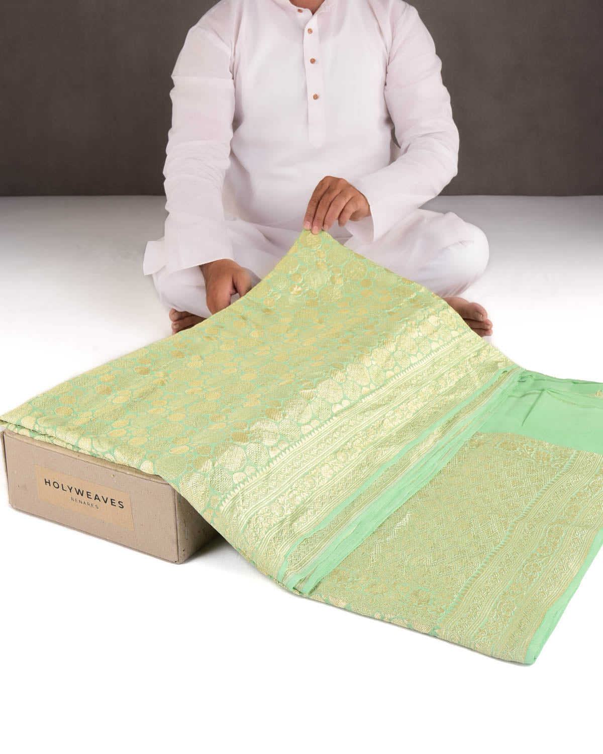 Sage Green Gold Zari Spheres Brocade Handwoven Khaddi Georgette Banarasi Saree-HolyWeaves