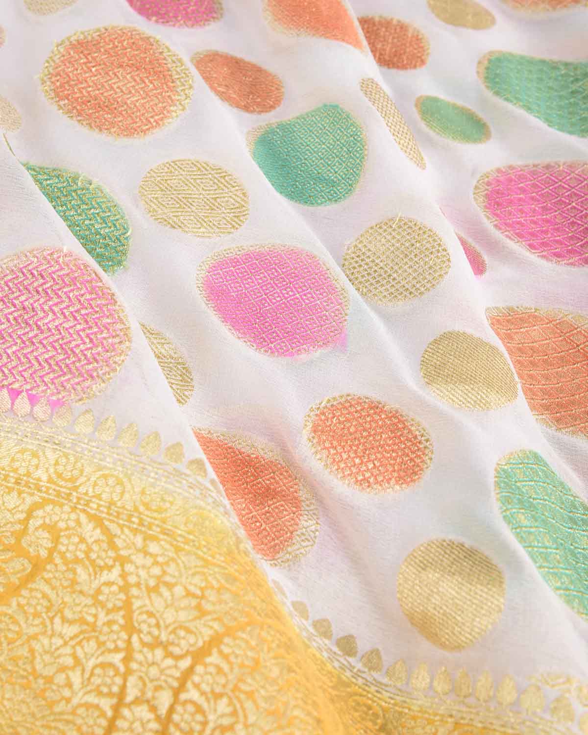 Hand Brush Multi-color Gold Zari Spheres Cutwork Brocade Handwoven Khaddi Georgette Banarasi Saree-HolyWeaves