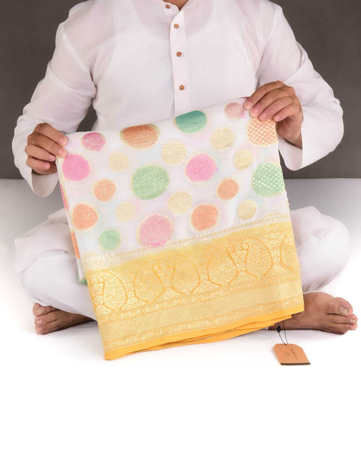 Hand Brush Multi-color Gold Zari Spheres Cutwork Brocade Handwoven Khaddi Georgette Banarasi Saree-HolyWeaves