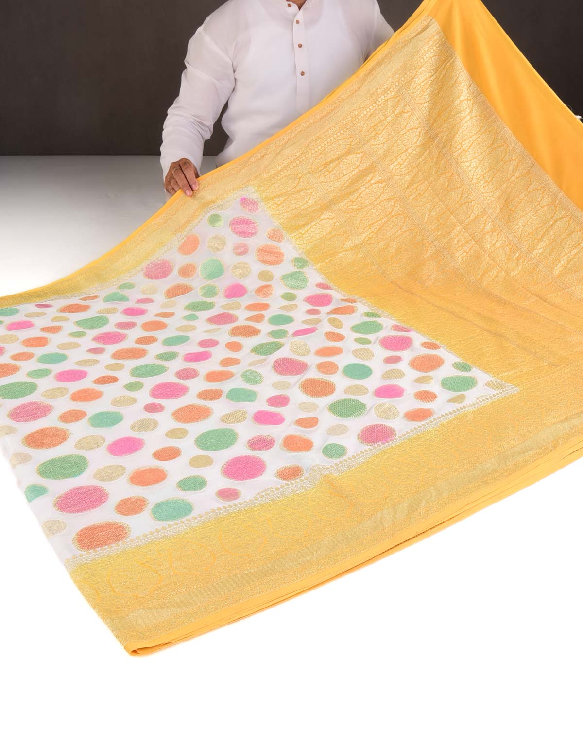 Hand Brush Multi-color Gold Zari Spheres Cutwork Brocade Handwoven Khaddi Georgette Banarasi Saree-HolyWeaves