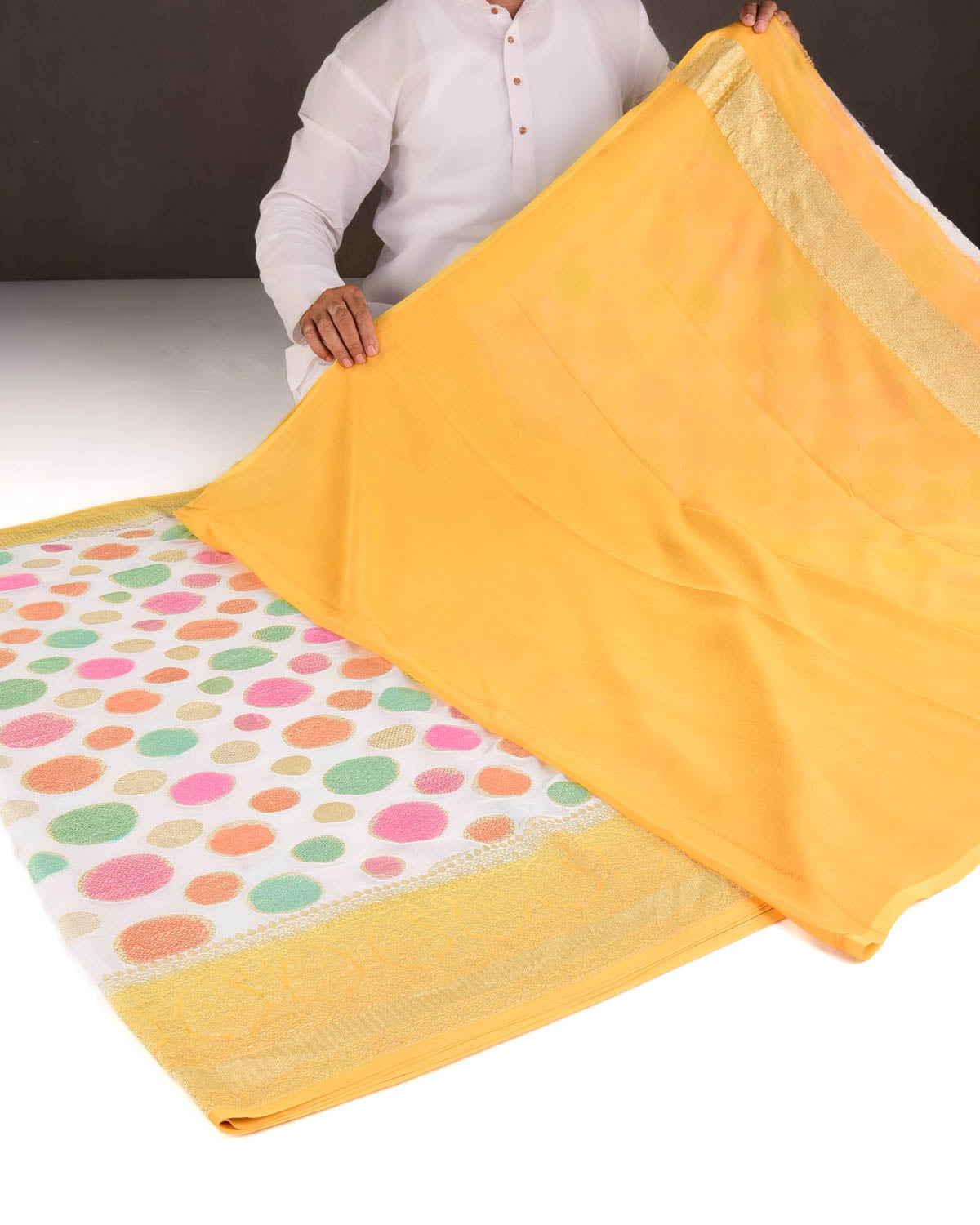 Hand Brush Multi-color Gold Zari Spheres Cutwork Brocade Handwoven Khaddi Georgette Banarasi Saree-HolyWeaves