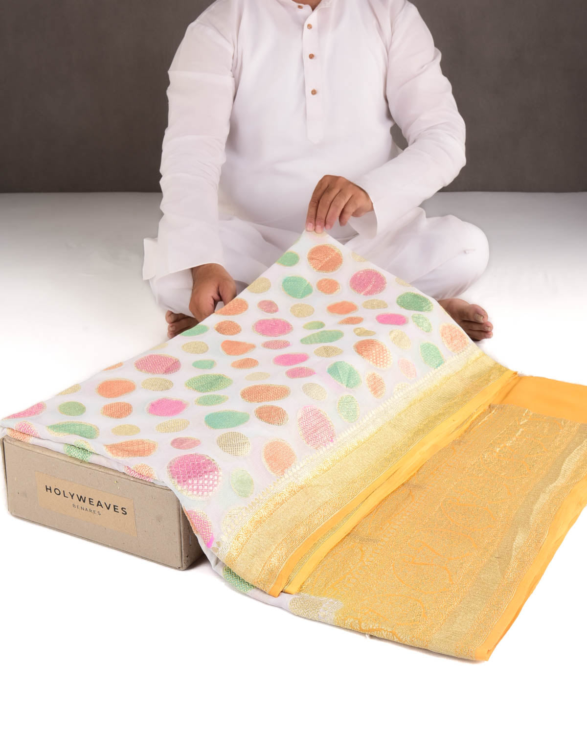 Hand Brush Multi-color Gold Zari Spheres Cutwork Brocade Handwoven Khaddi Georgette Banarasi Saree-HolyWeaves