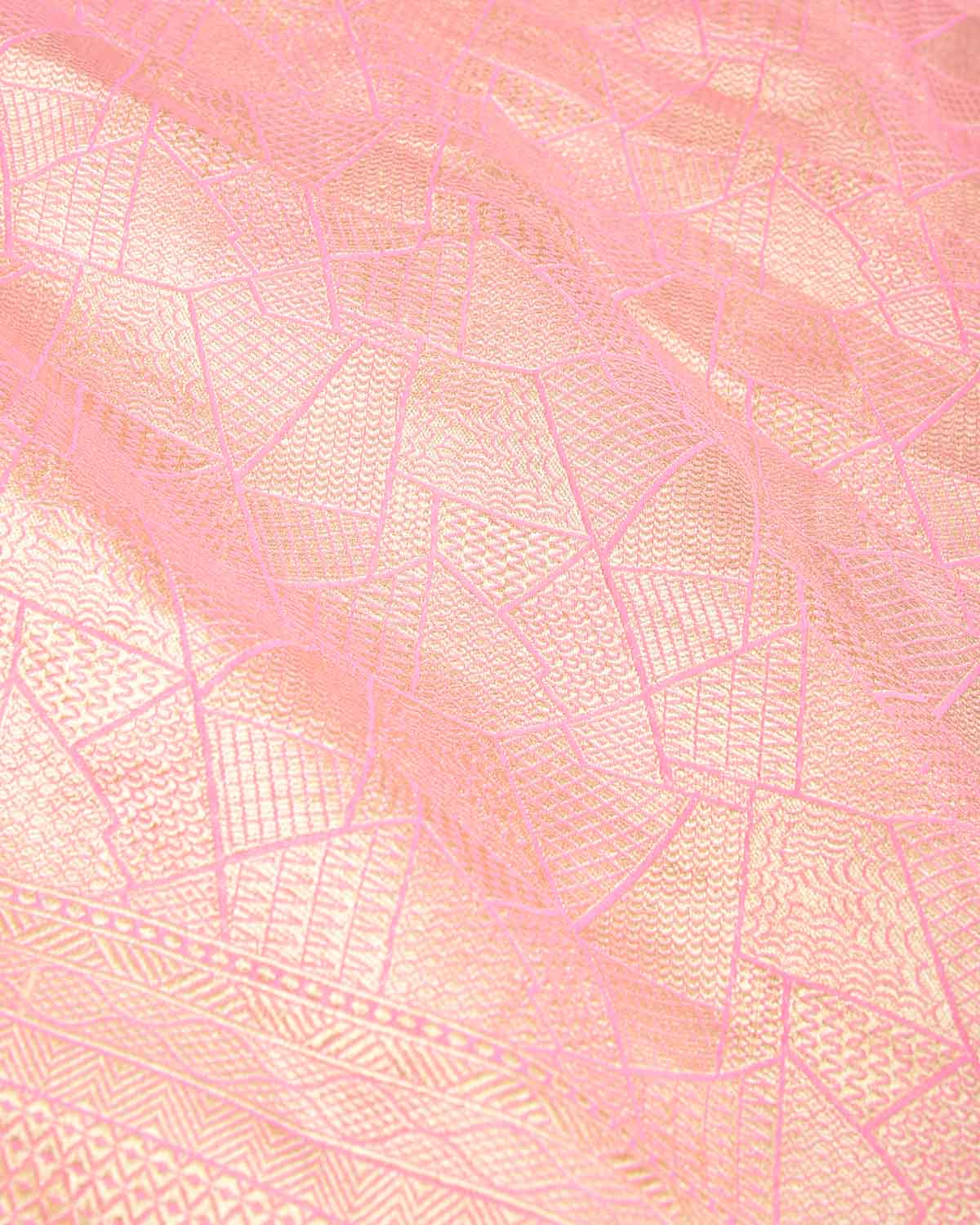 Salmon Pink Gold Zari Geometric Grids Brocade Handwoven Khaddi Georgette Banarasi Saree-HolyWeaves