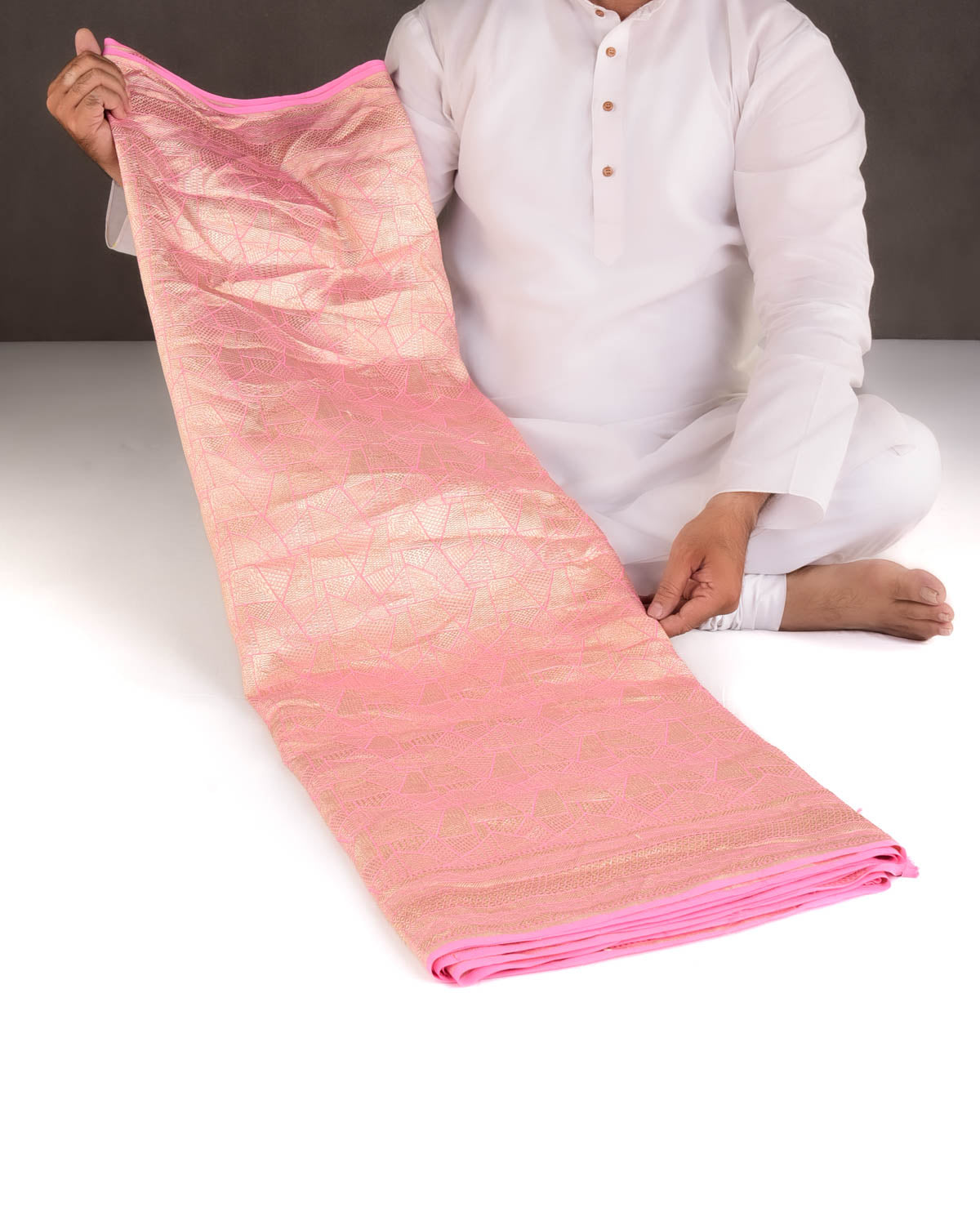 Salmon Pink Gold Zari Geometric Grids Brocade Handwoven Khaddi Georgette Banarasi Saree-HolyWeaves