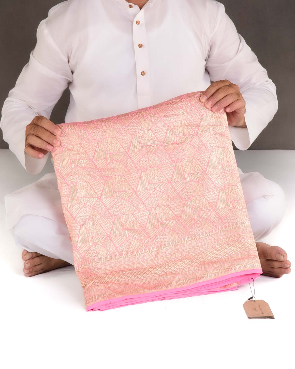 Salmon Pink Gold Zari Geometric Grids Brocade Handwoven Khaddi Georgette Banarasi Saree-HolyWeaves