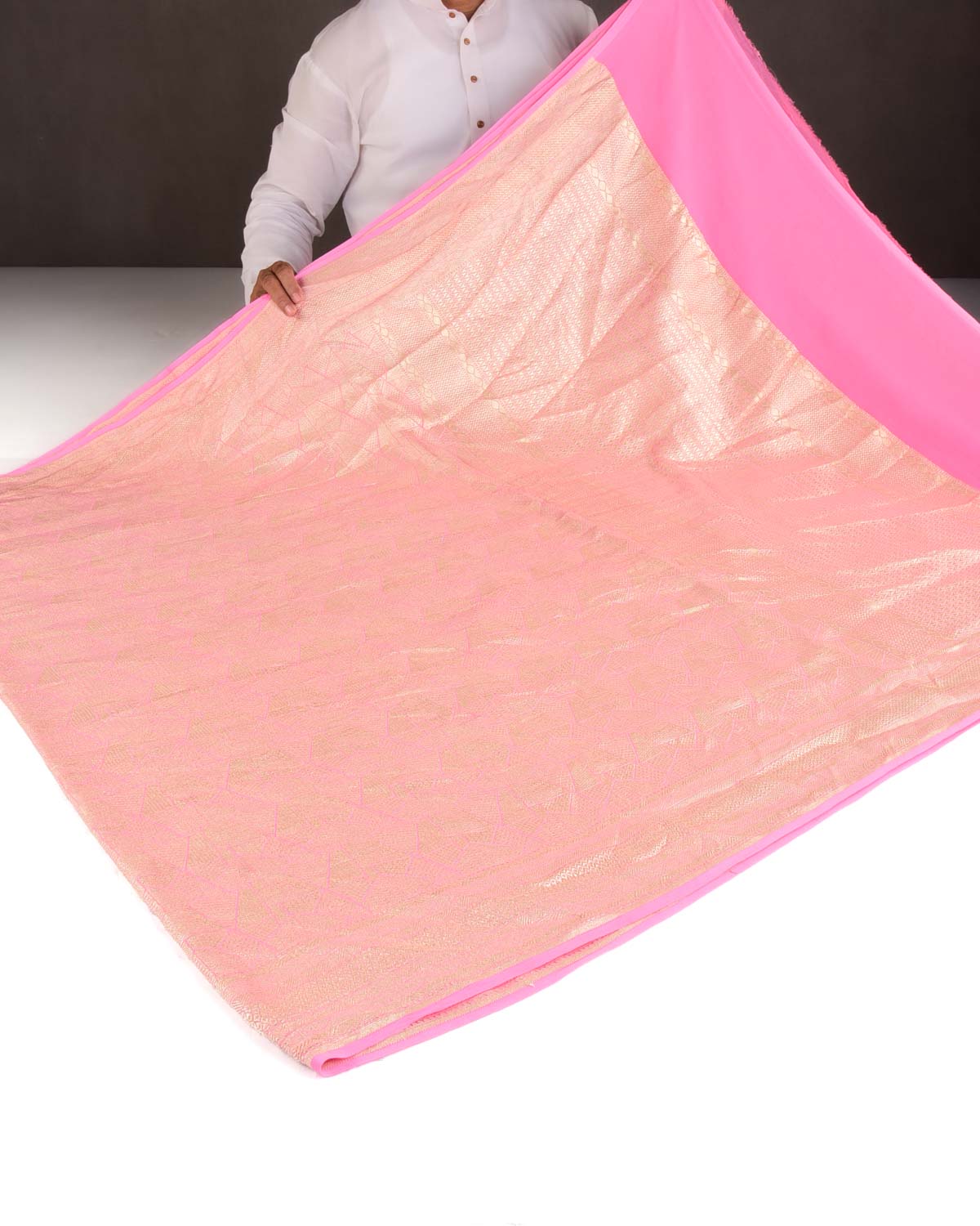 Salmon Pink Gold Zari Geometric Grids Brocade Handwoven Khaddi Georgette Banarasi Saree-HolyWeaves