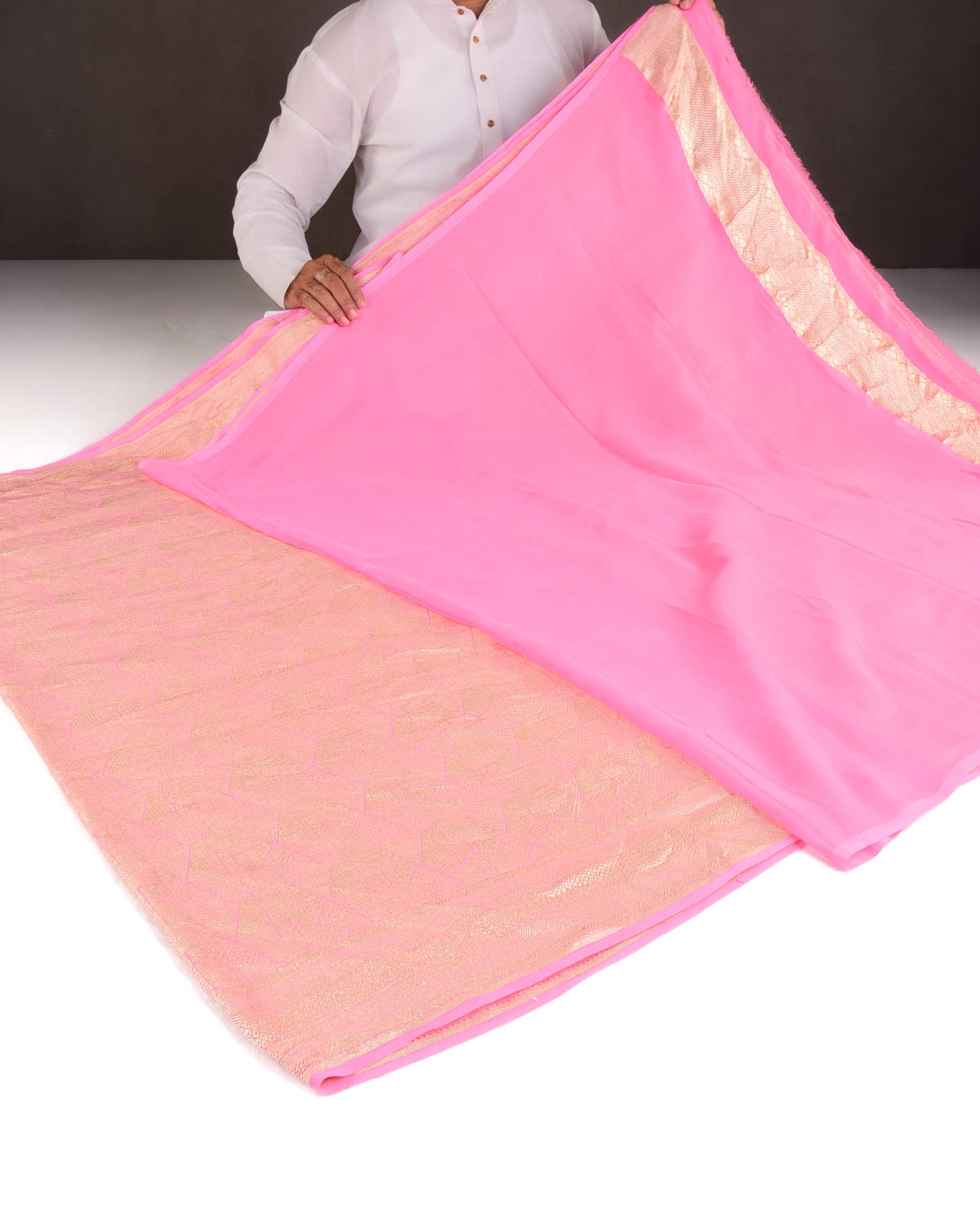 Salmon Pink Gold Zari Geometric Grids Brocade Handwoven Khaddi Georgette Banarasi Saree-HolyWeaves
