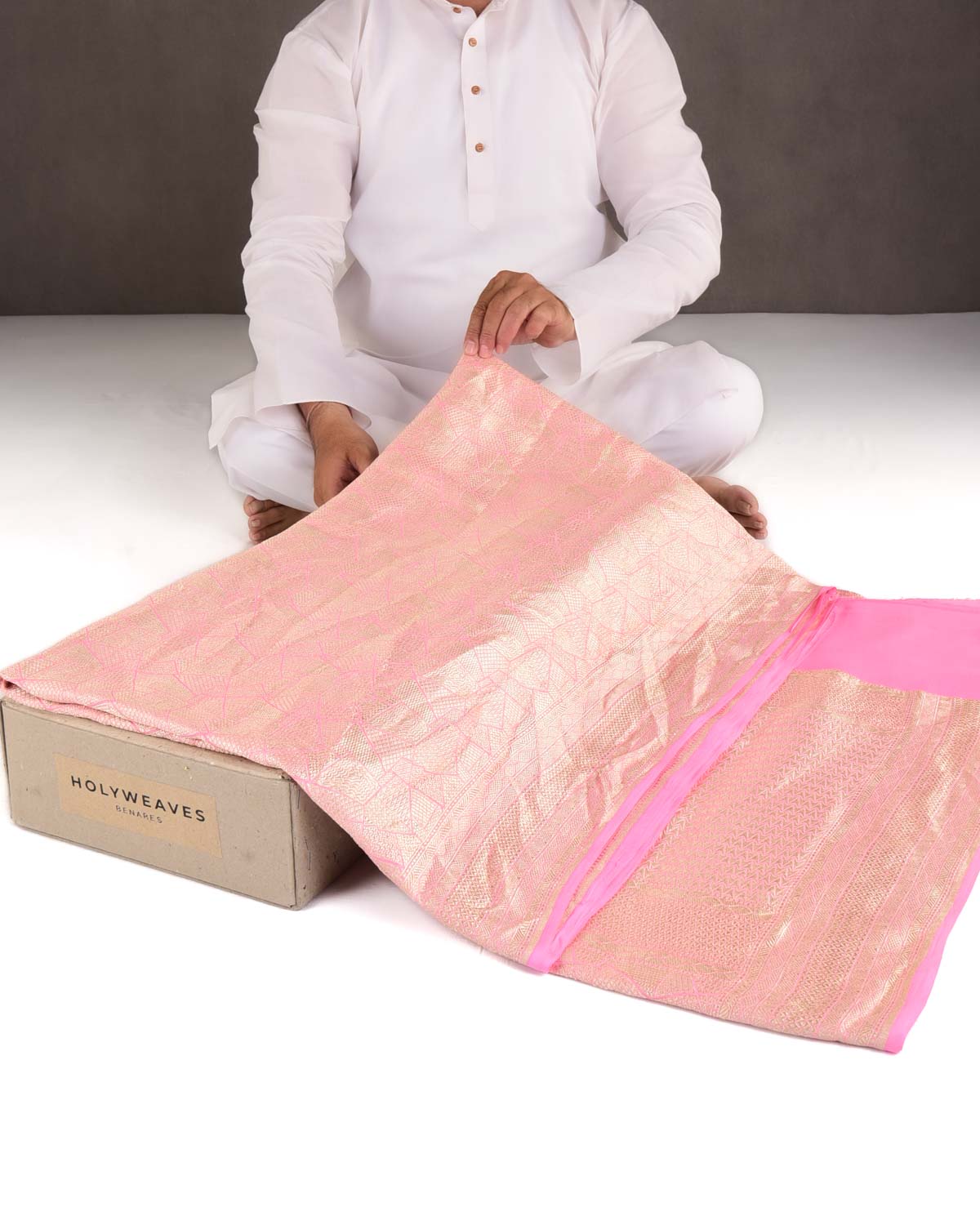 Salmon Pink Gold Zari Geometric Grids Brocade Handwoven Khaddi Georgette Banarasi Saree-HolyWeaves