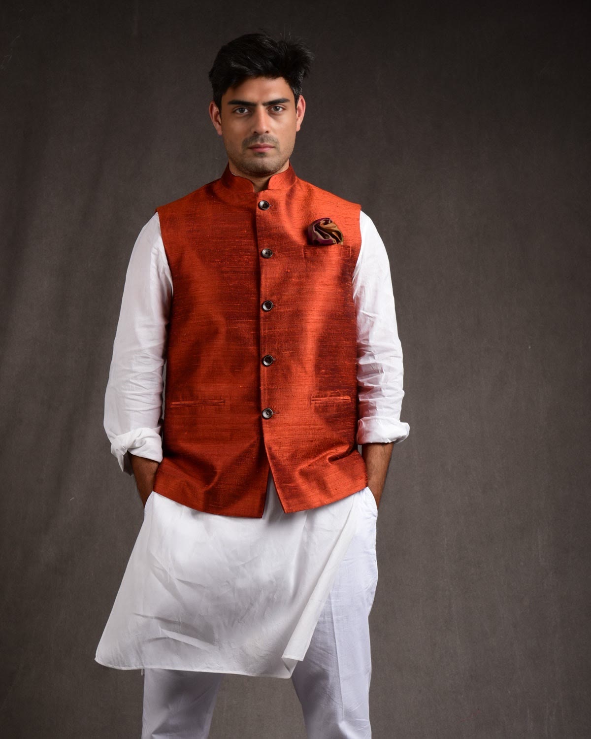 Rust Banarasi Textured Handwoven Raw Silk Mens Modi Jacket-HolyWeaves