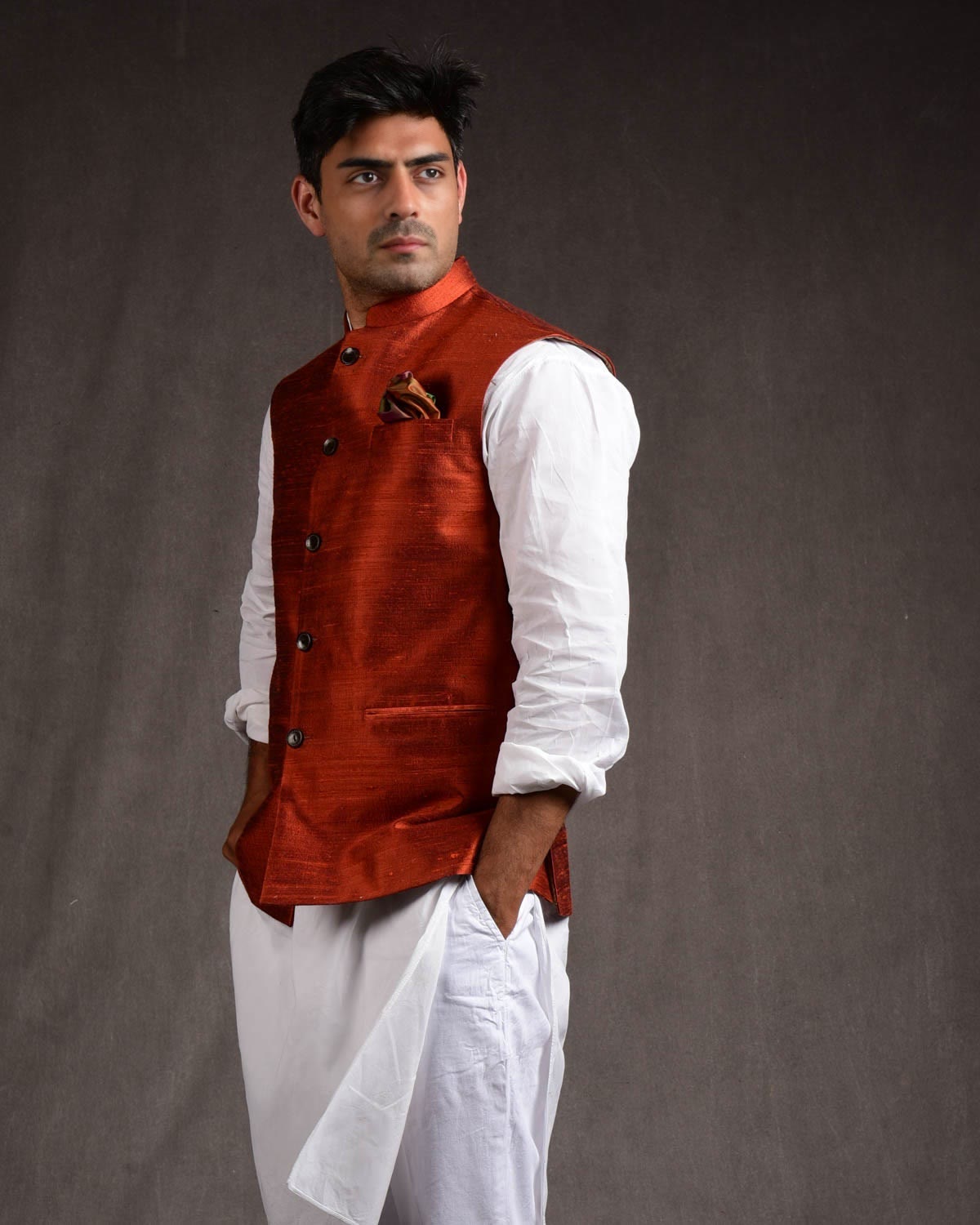 Rust Banarasi Textured Handwoven Raw Silk Mens Modi Jacket-HolyWeaves