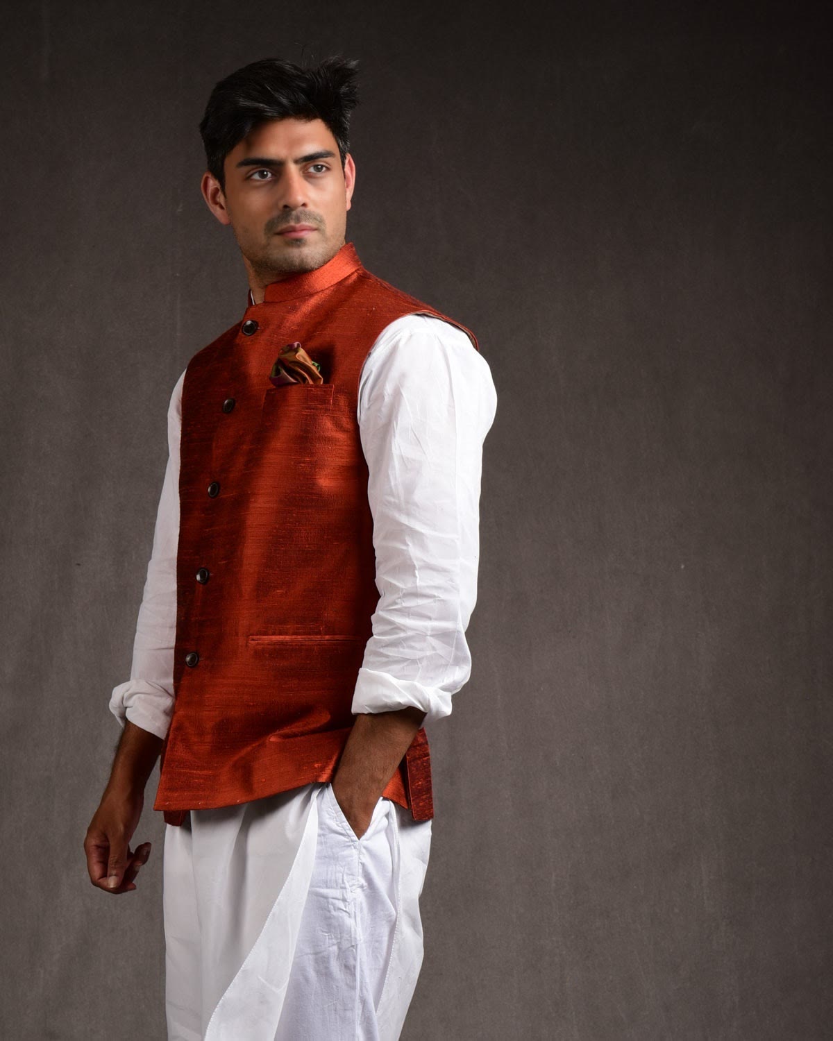 Rust Banarasi Textured Handwoven Raw Silk Mens Modi Jacket-HolyWeaves